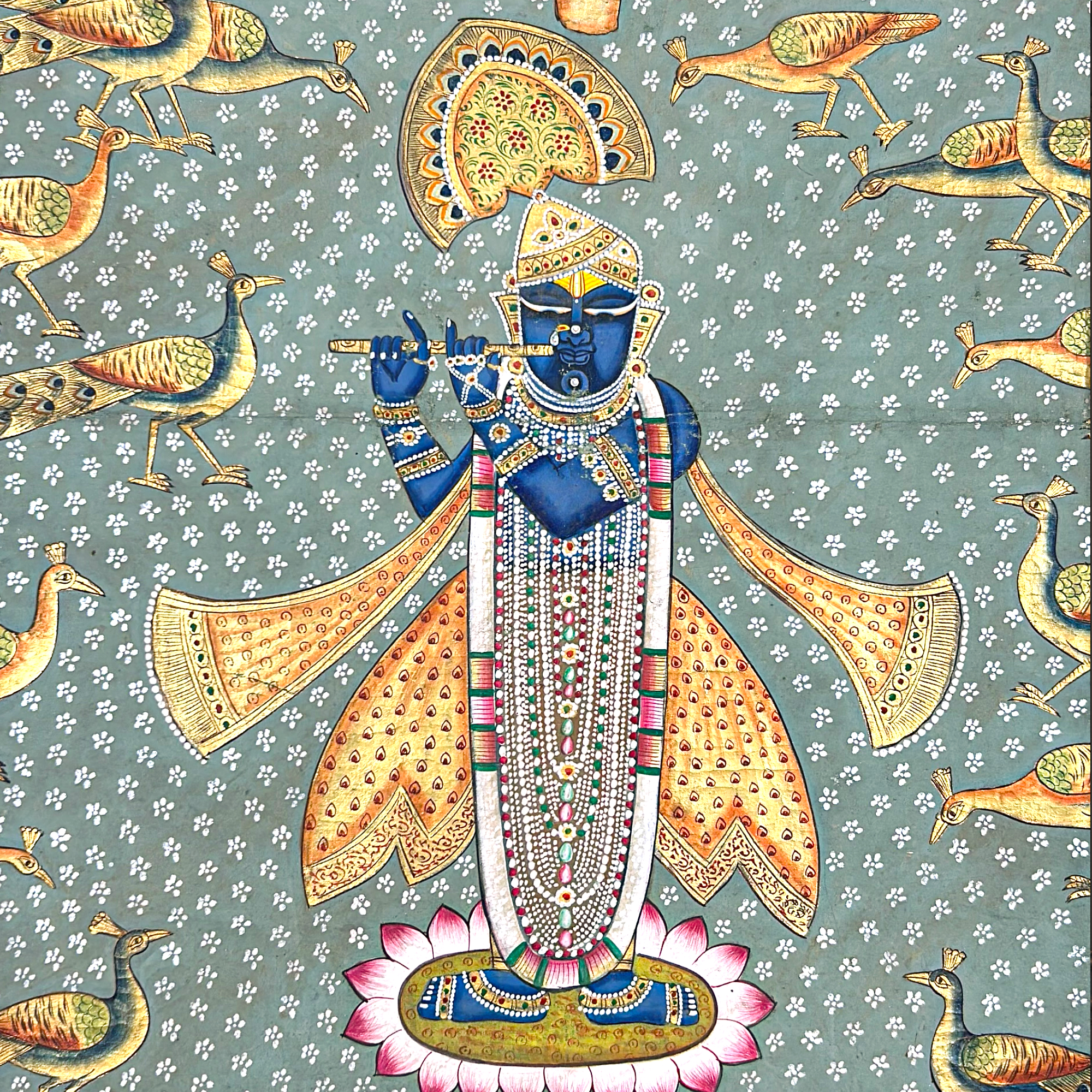 Pichwai Art - Handmade - Shreenathji with Cows and Peacocks Painting