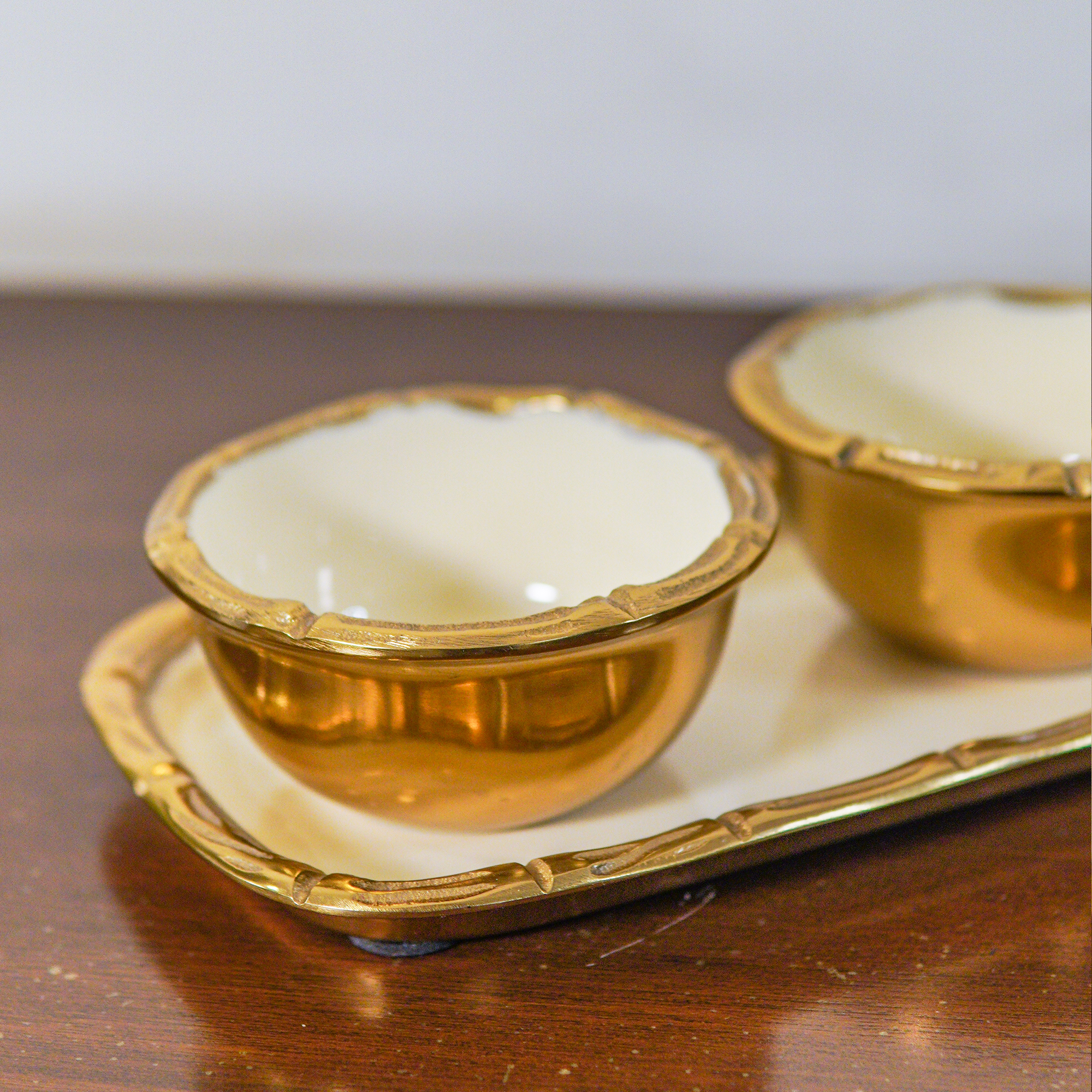 Pure Brass Golden White Platter with 3 Serving Bowls Ensemble