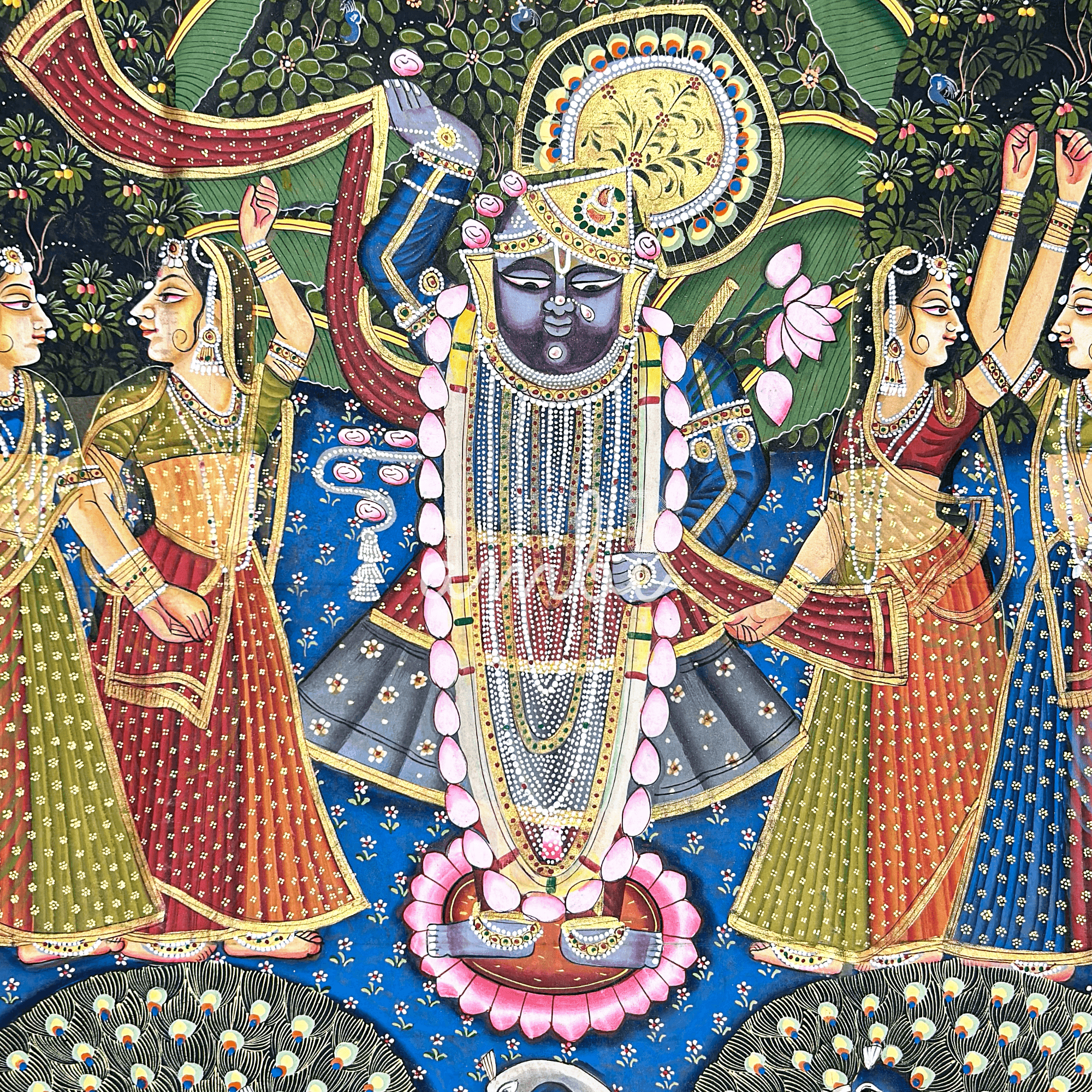 Pichwai Art - Hand Painted Shreenathji, Gopis and Peacocks Painting
