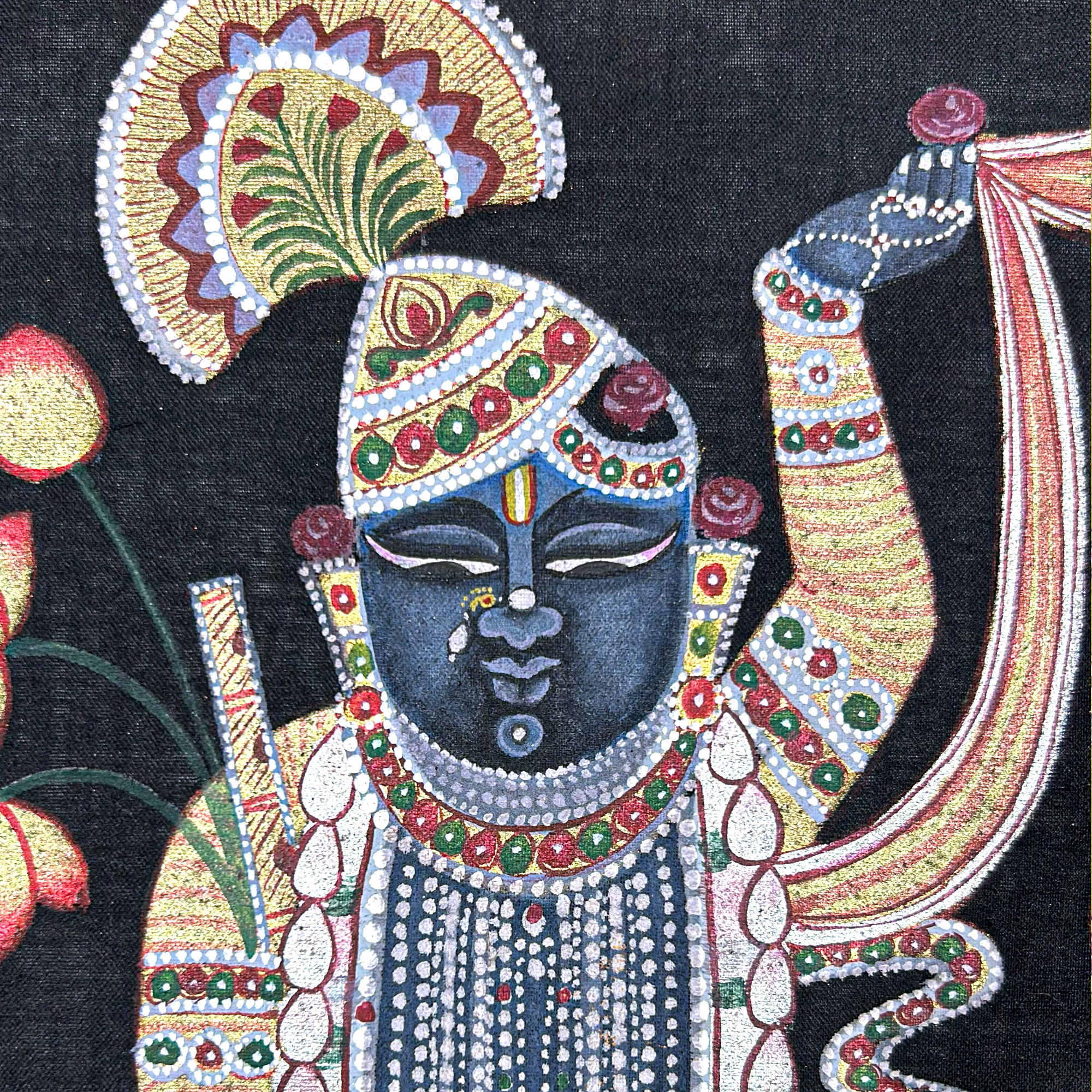 Pichwai Art - Handmade Shreenathji and Lotus Flowers Painting