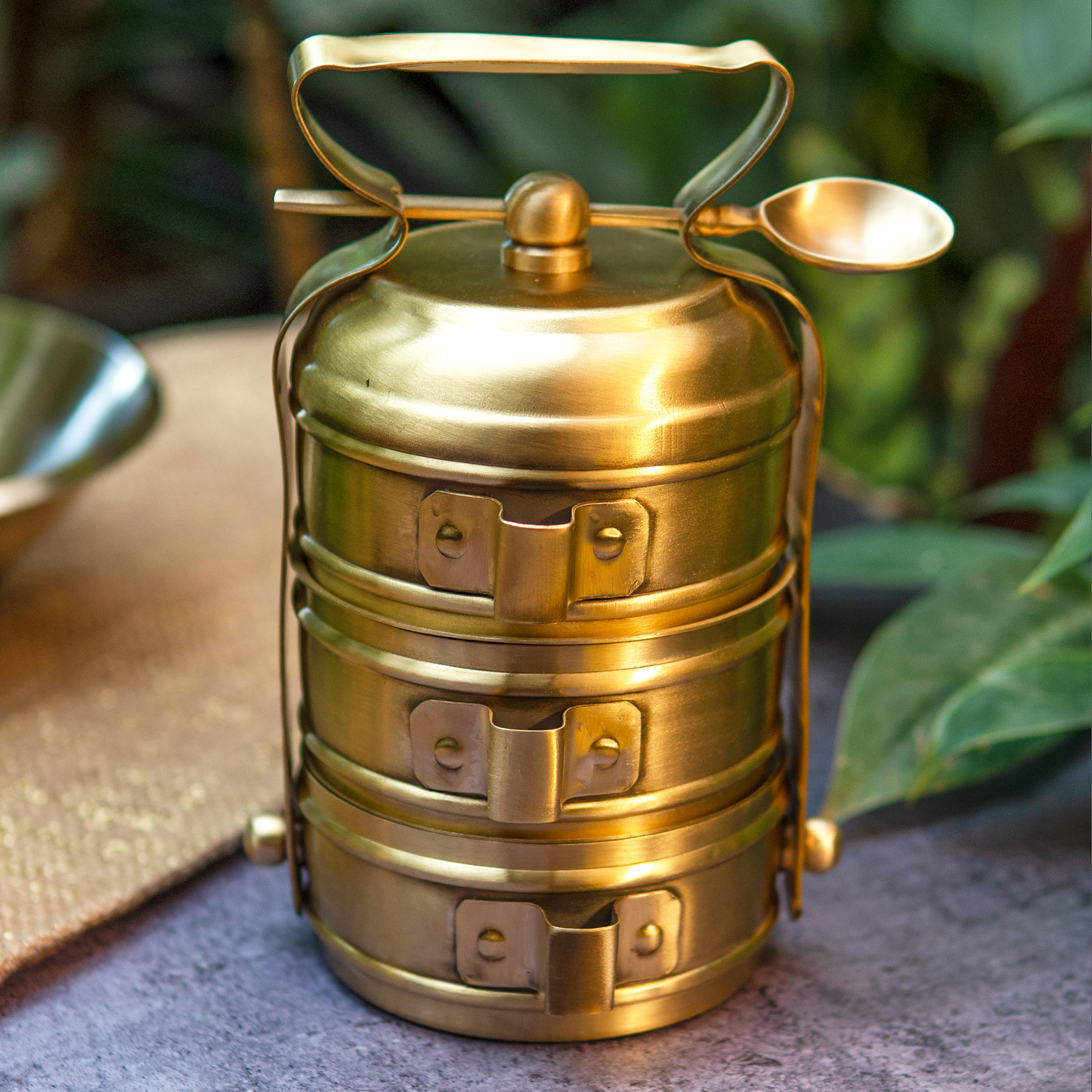 Super Elegant Pure Brass Three Tier Tiffin Set in Matte Finish with Spoon