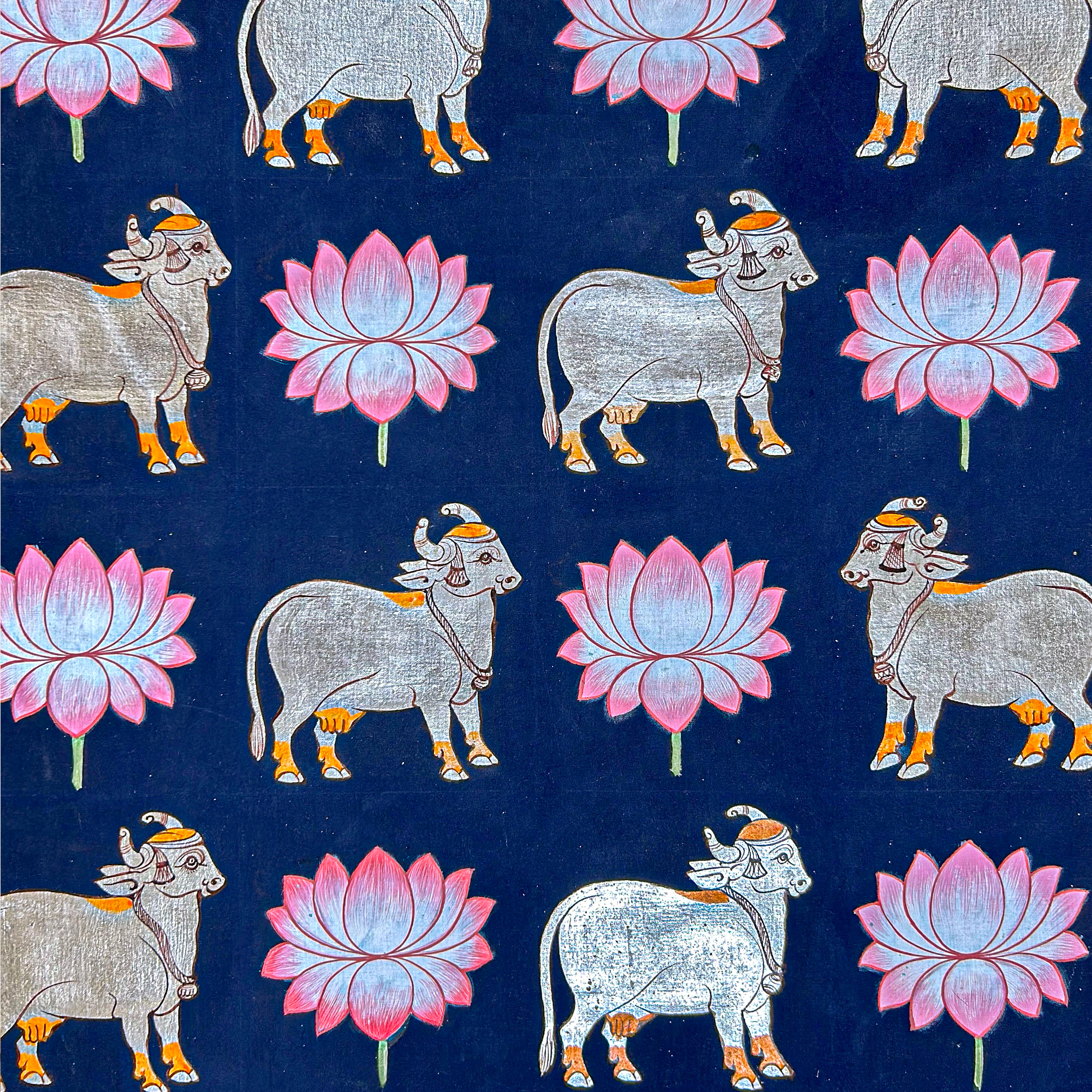 Handmade Pichwai Art -Shreenathji Silver Cows on Dark Blue background painting