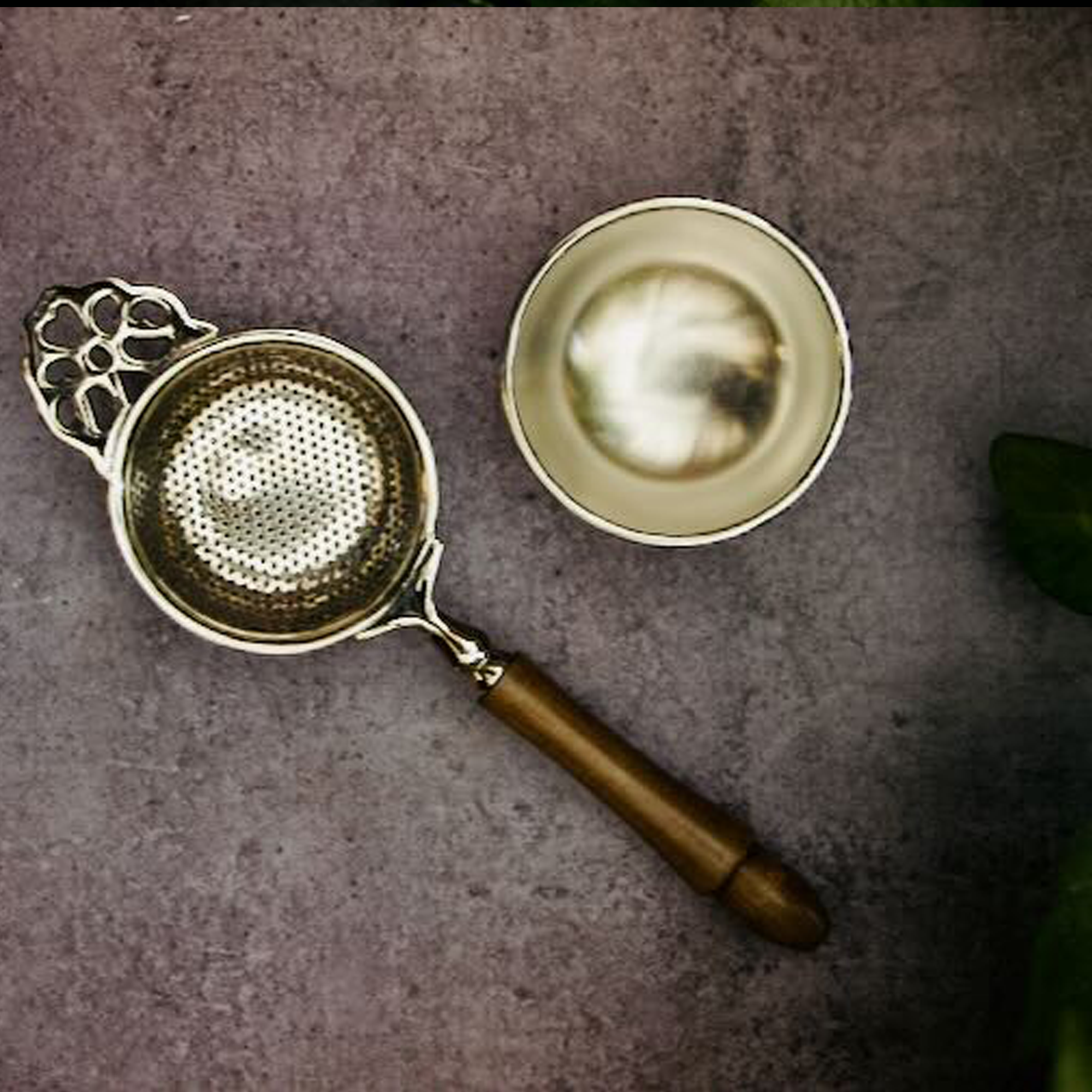 Pure Brass Punched Flower Medium Sized Tea Strainer - Steel Matte Finish With Wooden Handle and Resting Pot