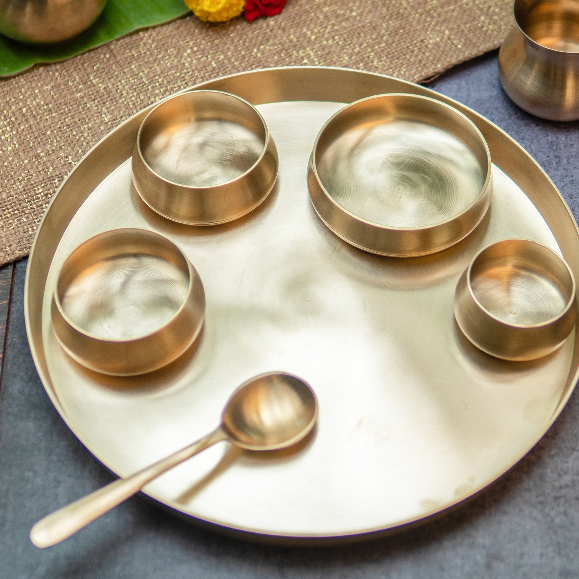 Curved Brass Thali Set - Set of 7 pieces - Matt Finish - Heavy Grade