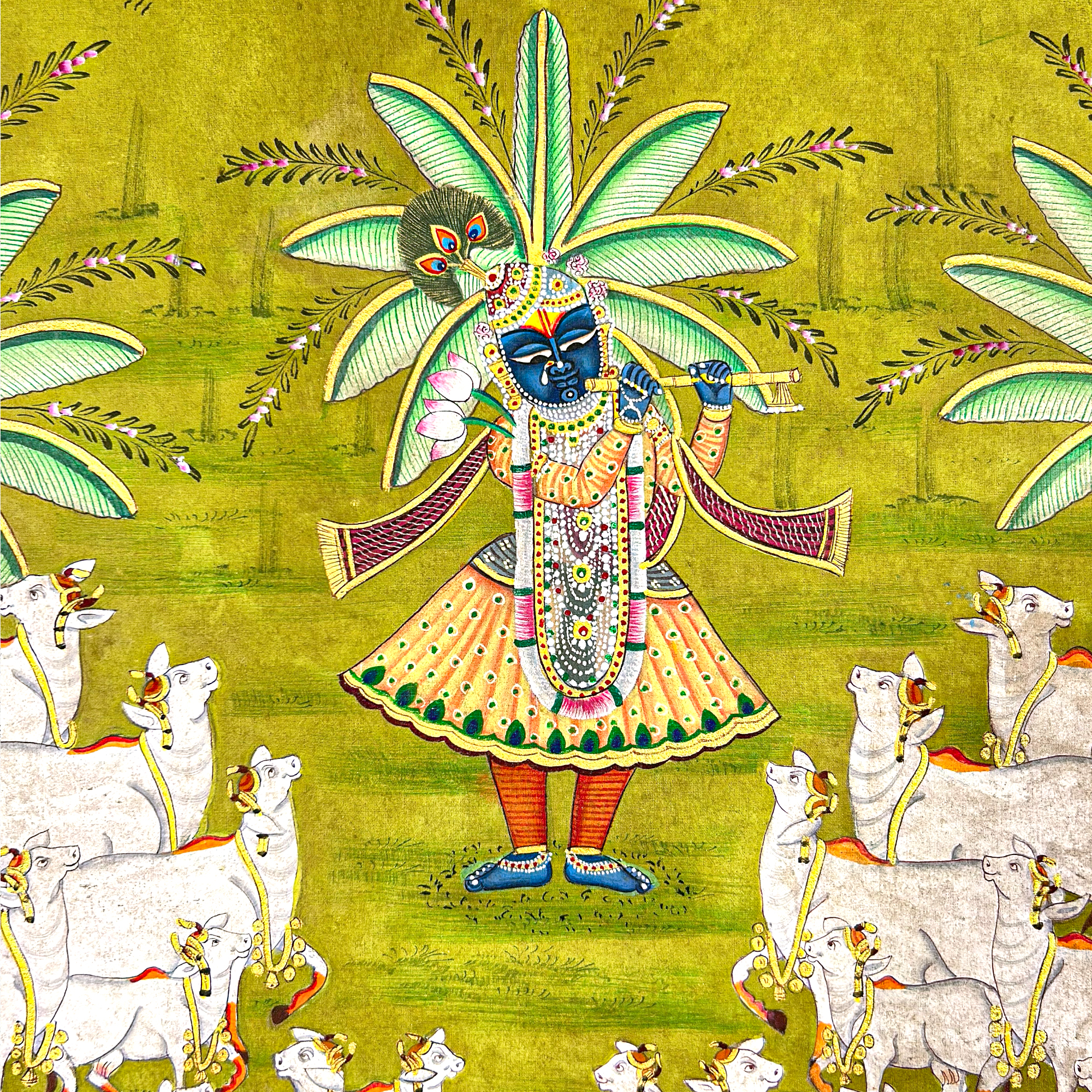 Pichwai Art - Handmade Shreenathji Cows Gopasthmi Pichwai Painting