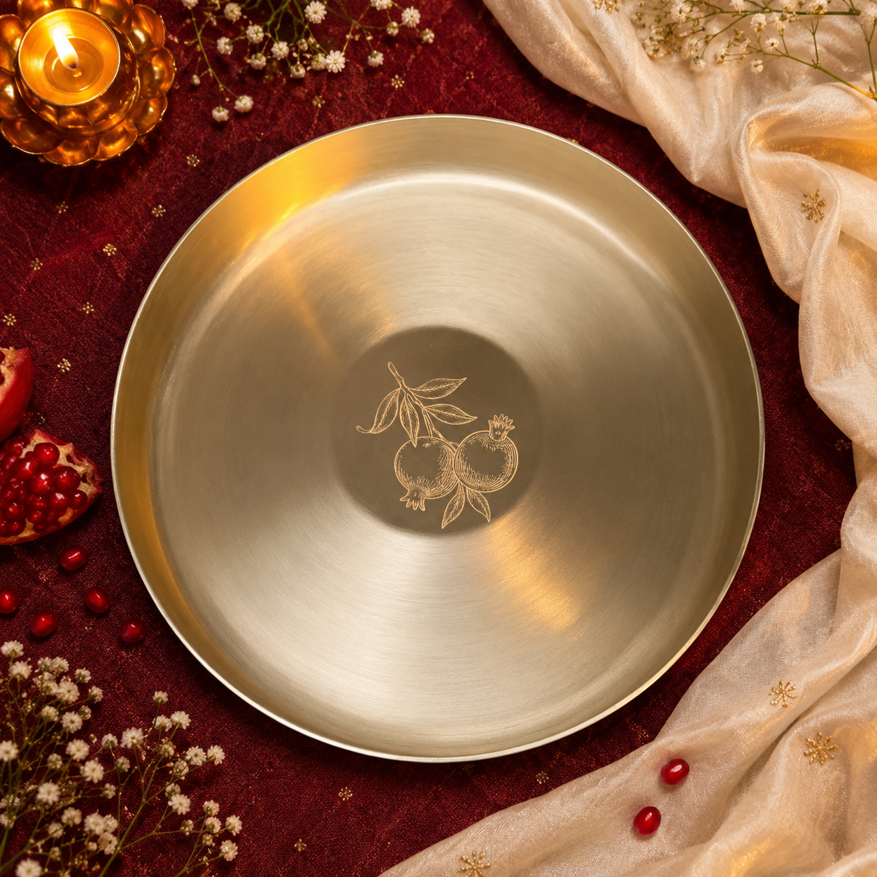 A round brushed-metal bowl with a small fruit illustration in the center, styled on a dark red fabric with a lit candle, pomegranate, white flowers, and cream draped fabric.