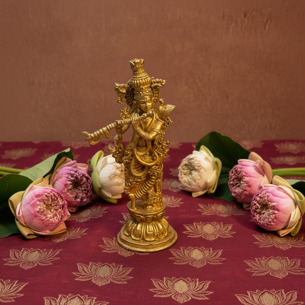 AMbi Pure Brass Standing Venugopal Krishna Idol | Krishna Murti | 5 Inch- Height
