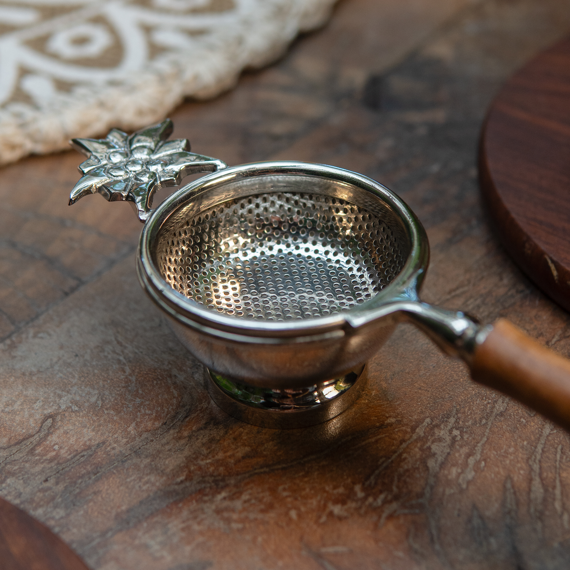 Matte Finish Brass Medium Sized Tea Strainer Silver 2 Piece Set With Wooden Holder