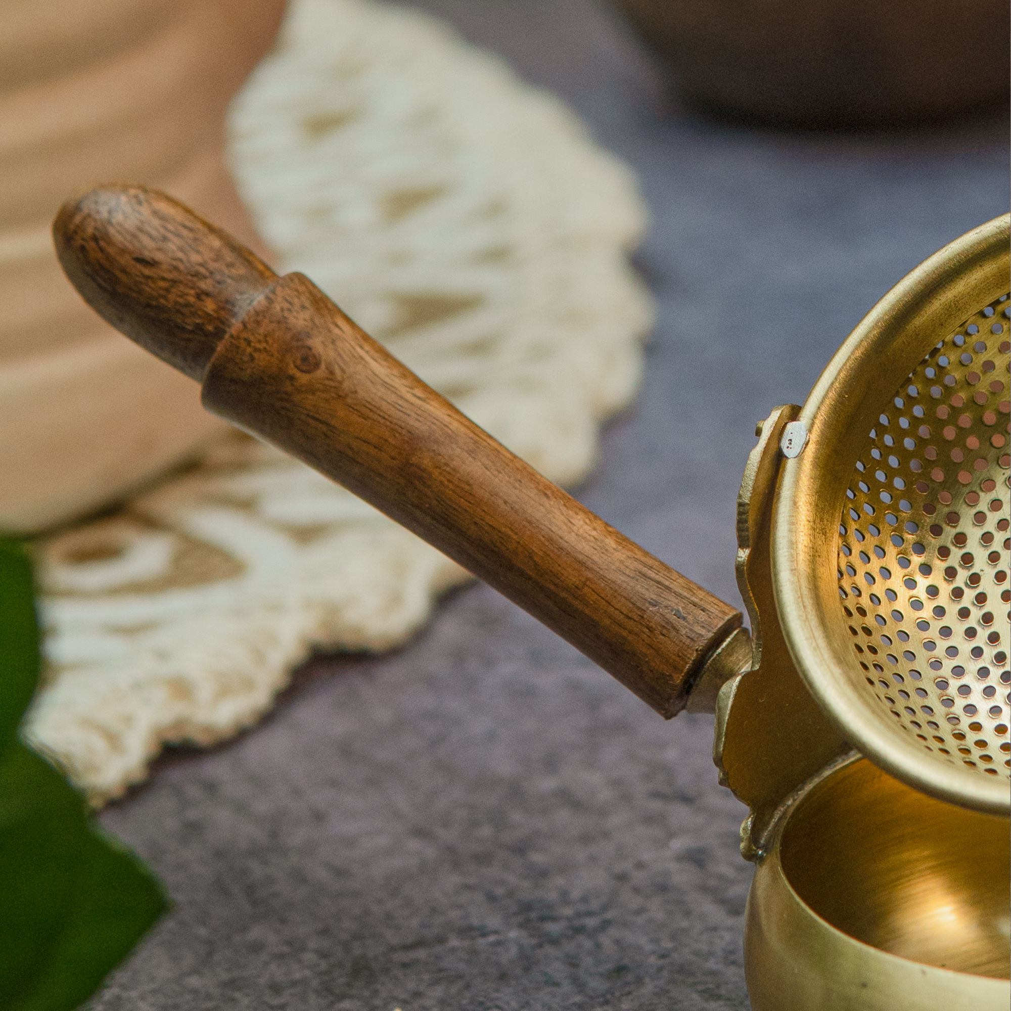 Exquisite Brass Swing Medium Sized Tea Strainer with Wooden Handle