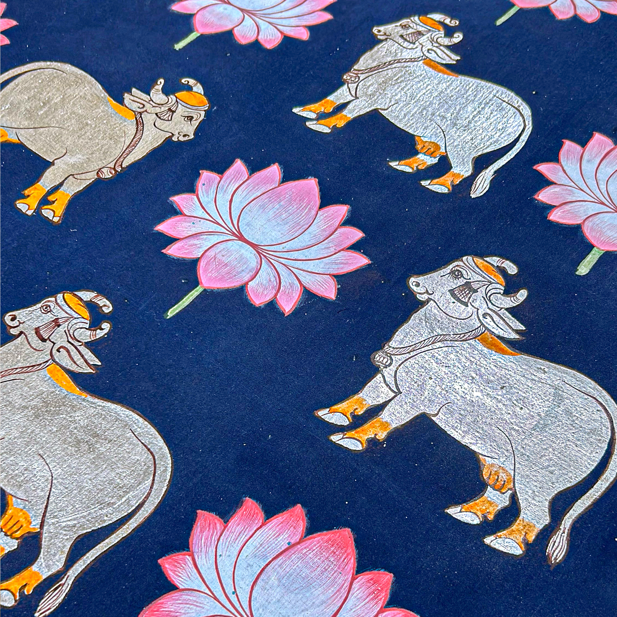 Handmade Pichwai Art -Shreenathji Silver Cows on Dark Blue background painting