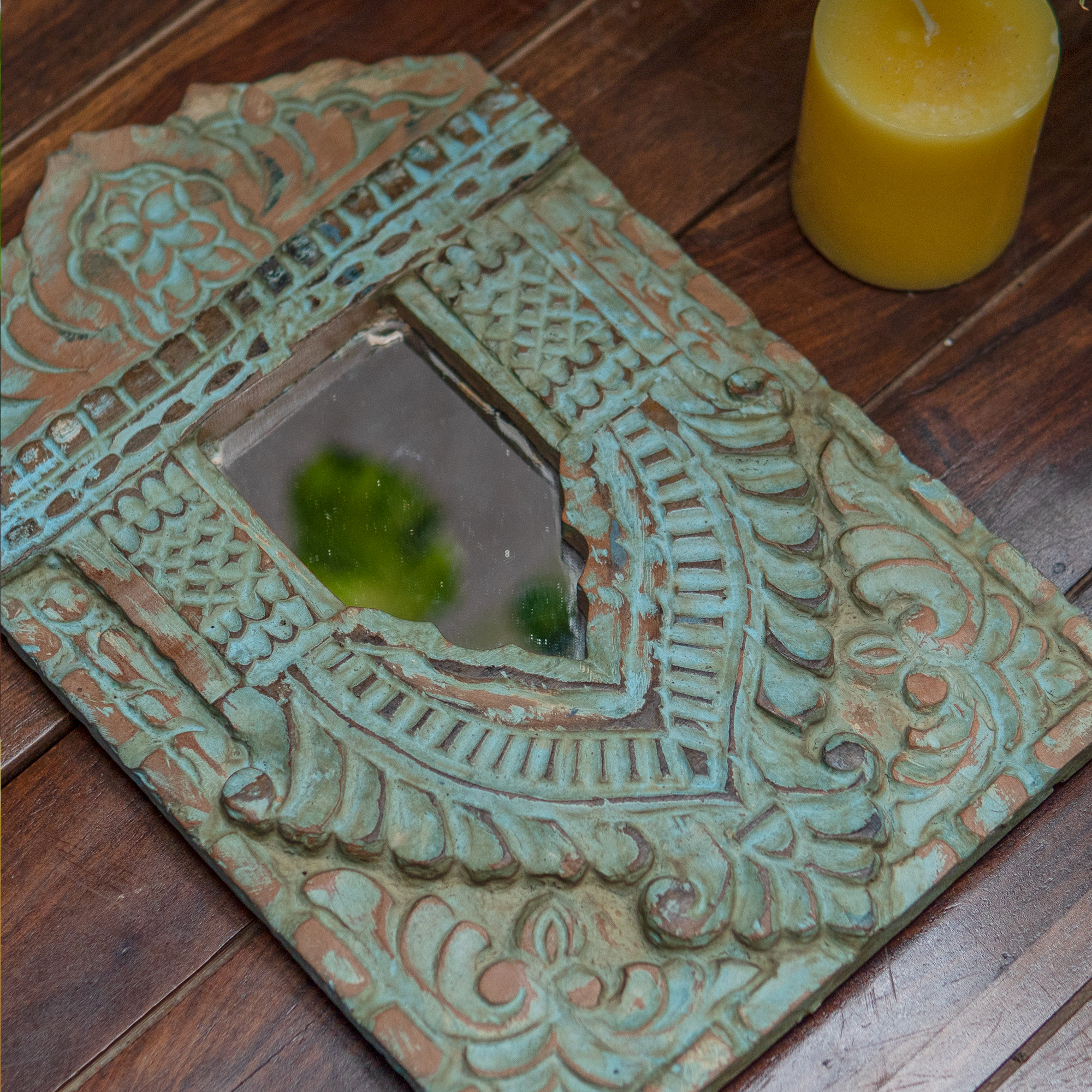 Wooden Jharoka With Mirror in Cyan Colour