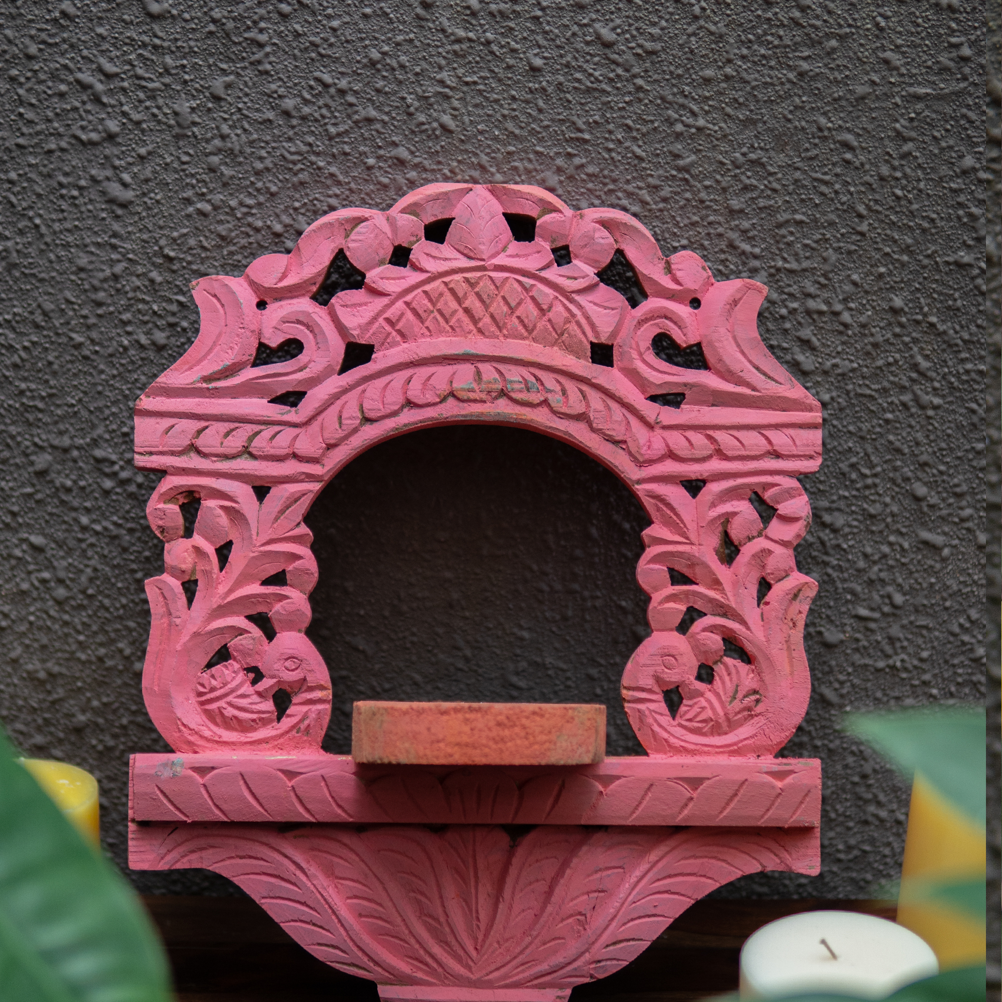 Wooden Medium Jharoka With Candle Space in Pink