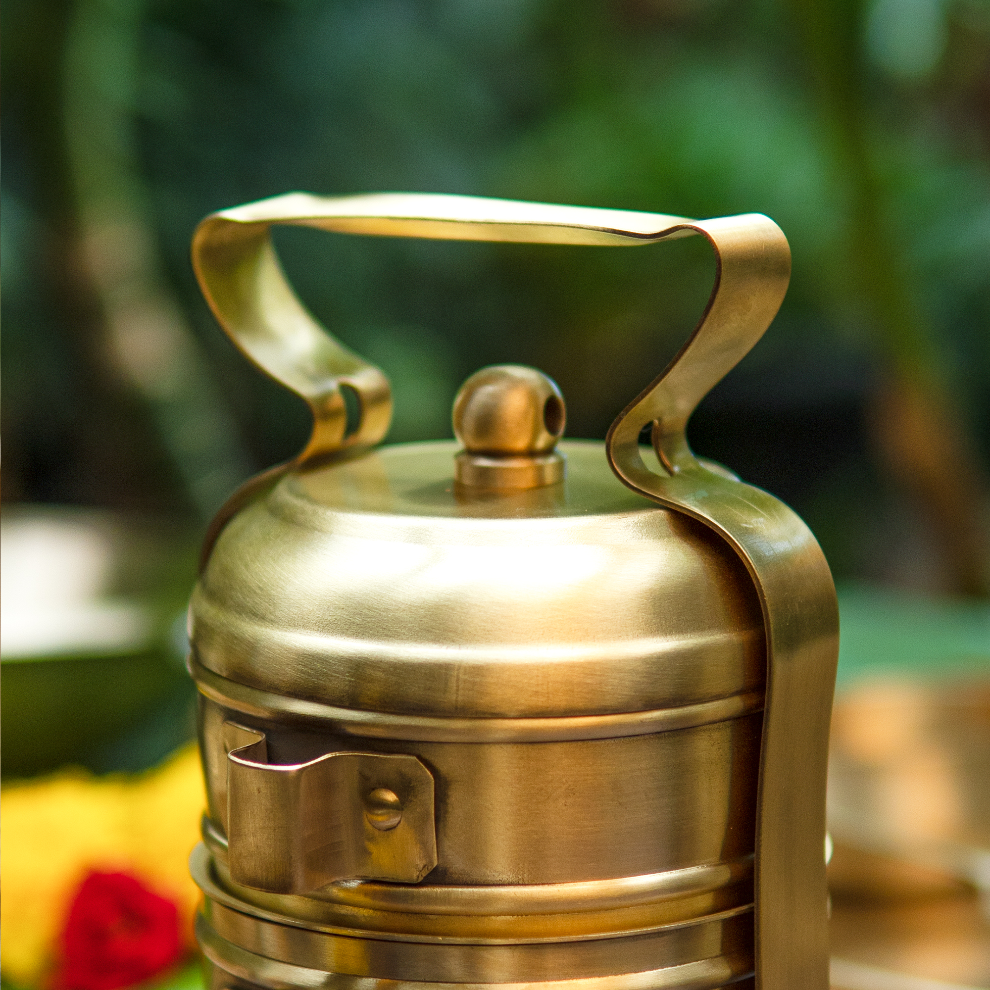 Super Elegant Pure Brass Three Tier Tiffin Set in Matte Finish with Spoon