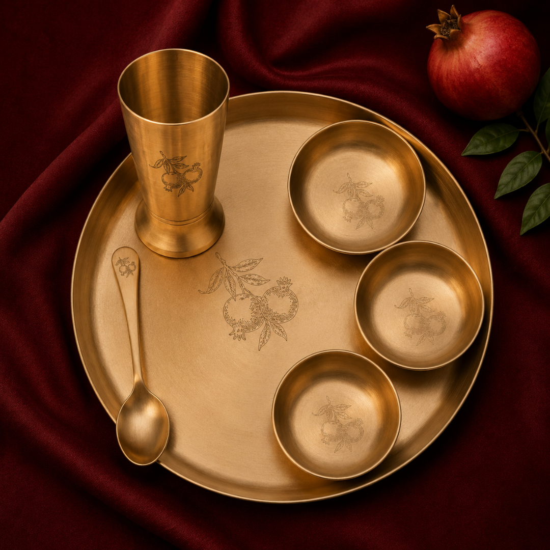 Ambi Pure 100% Lead Free Kansa Thali Set of 6 - with Pomegranate Hand Etched Design