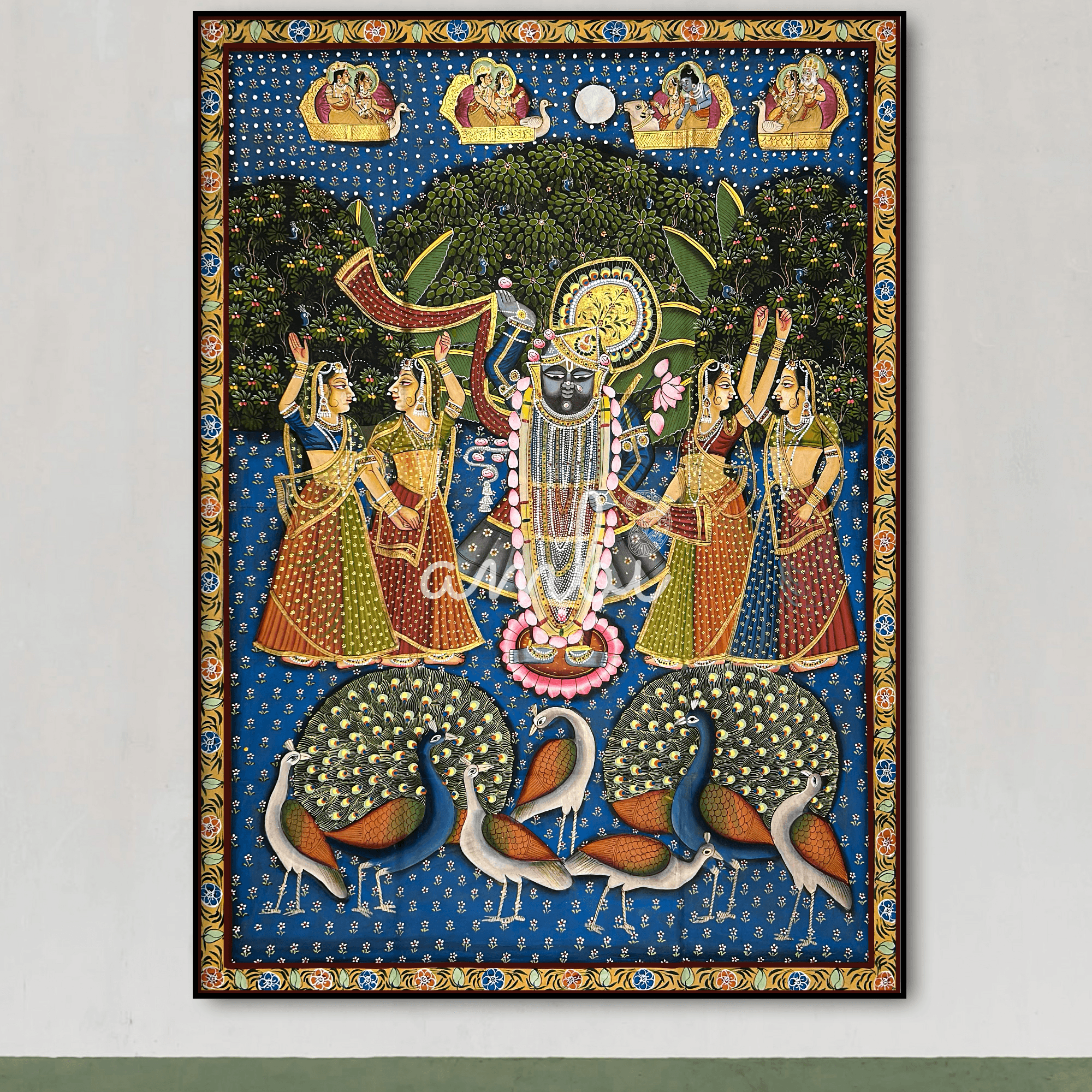 Pichwai Art - Hand Painted Shreenathji, Gopis and Peacocks Painting