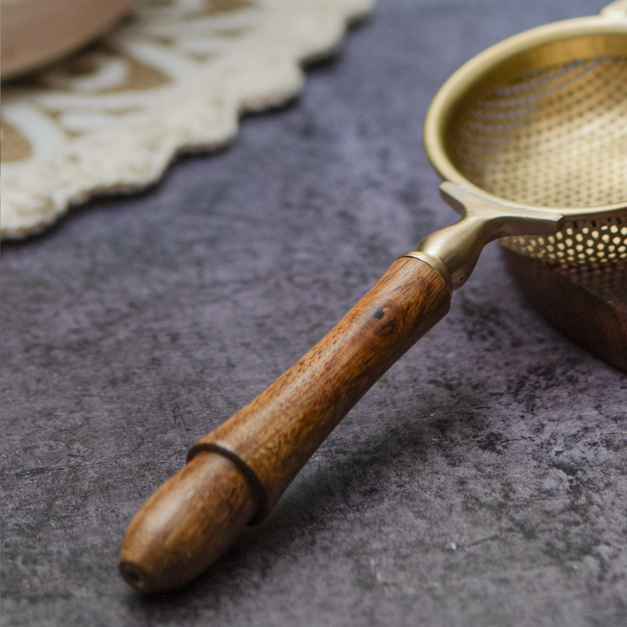 Gold Flower Matte Finish Brass Medium Sized Tea Strainer 2 Piece Set With Wooden Holder and Resting Pot