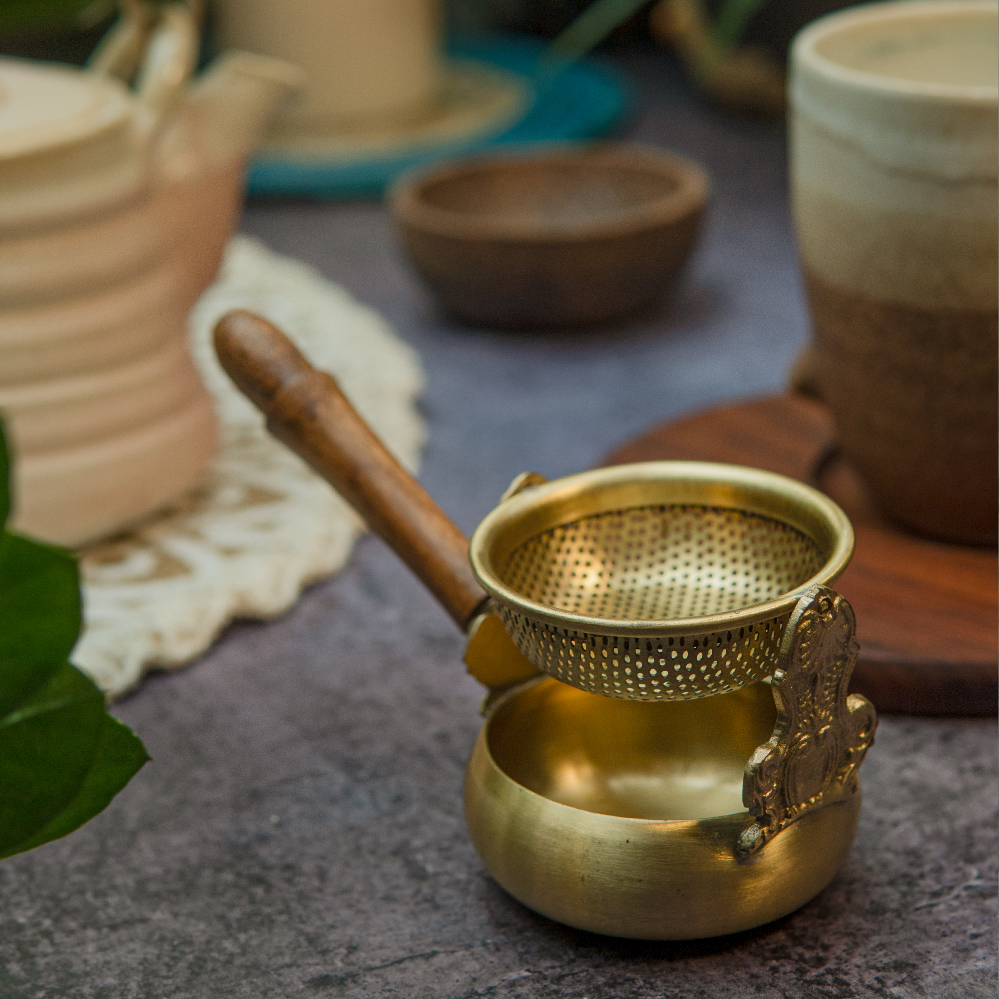 Exquisite Brass Swing Medium Sized Tea Strainer with Wooden Handle