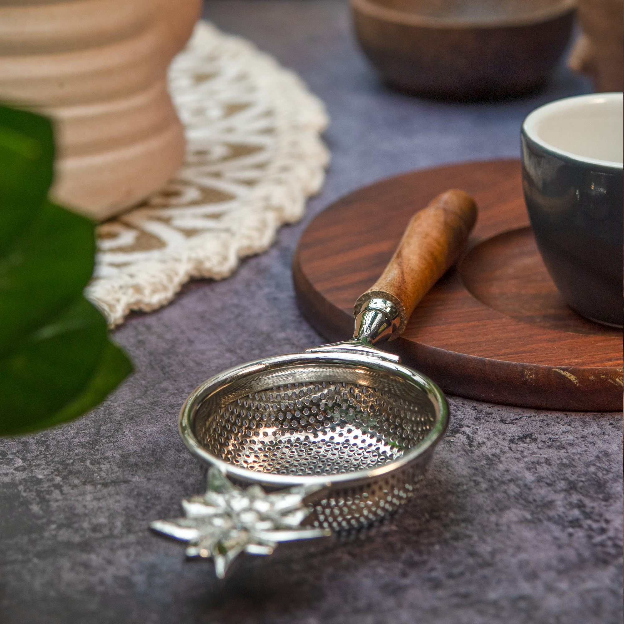 Matte Finish Brass Medium Sized Tea Strainer Silver 2 Piece Set With Wooden Holder