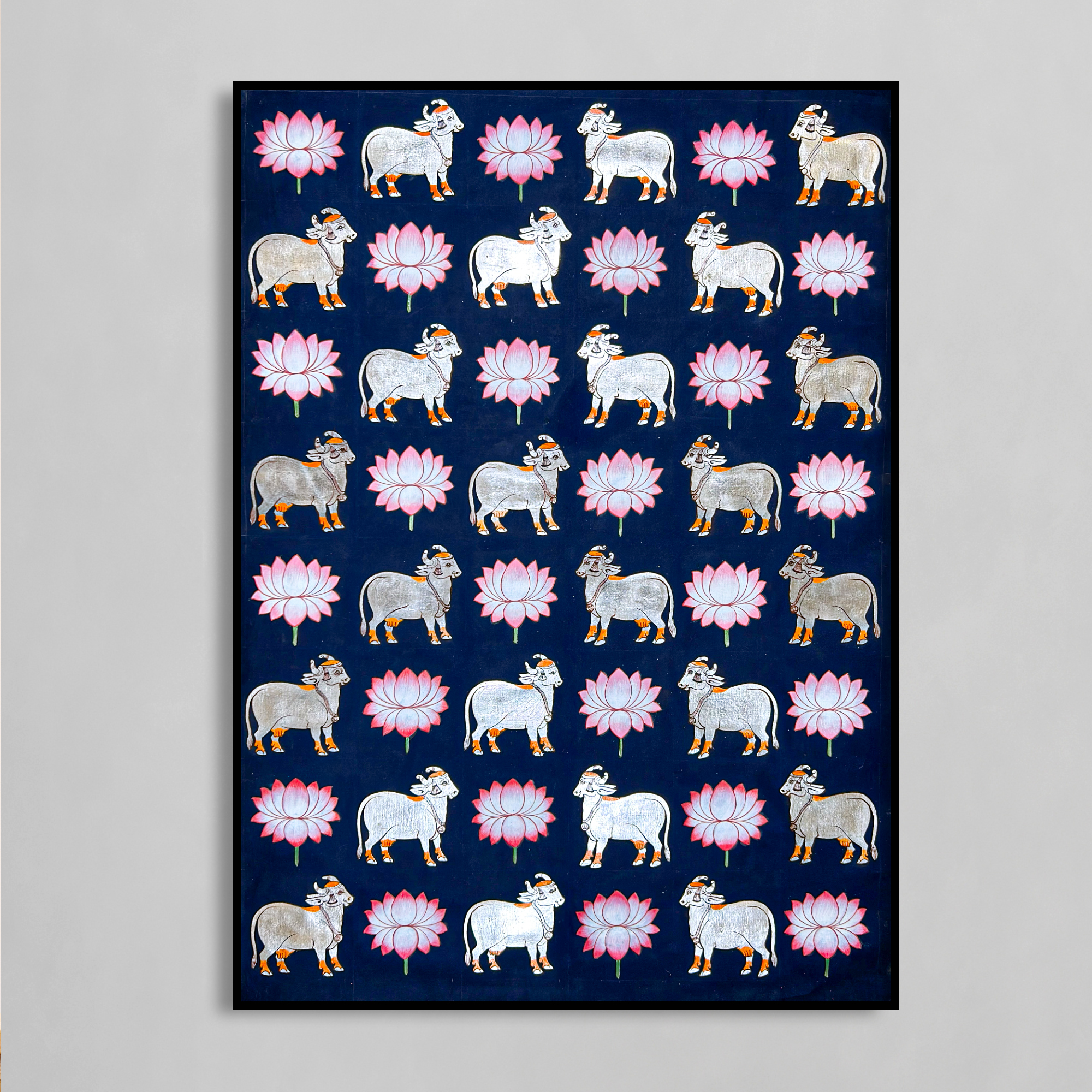 Handmade Pichwai Art -Shreenathji Silver Cows on Dark Blue background painting