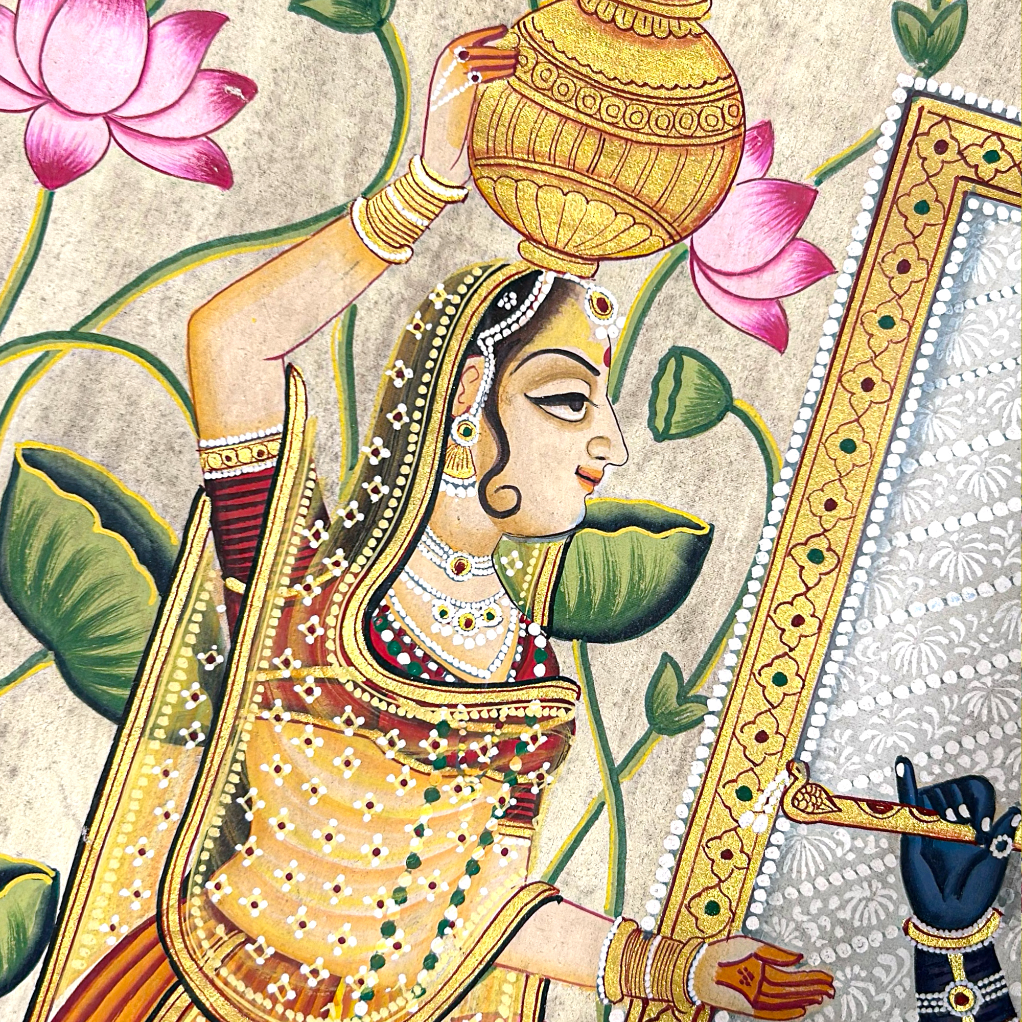 Pichwai Art - Handmade Shreenathji with Gopis and Lotus Flowers Painting