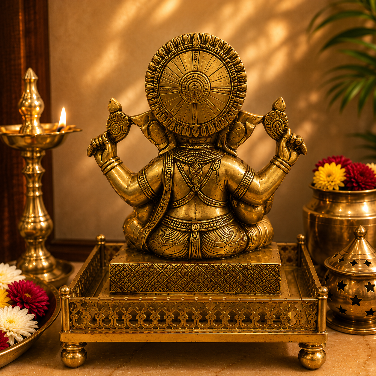 A golden brass Lord Ganesha idol seated on a decorative tray, styled with a lit brass oil lamp and flowers in a warm, festive setting.