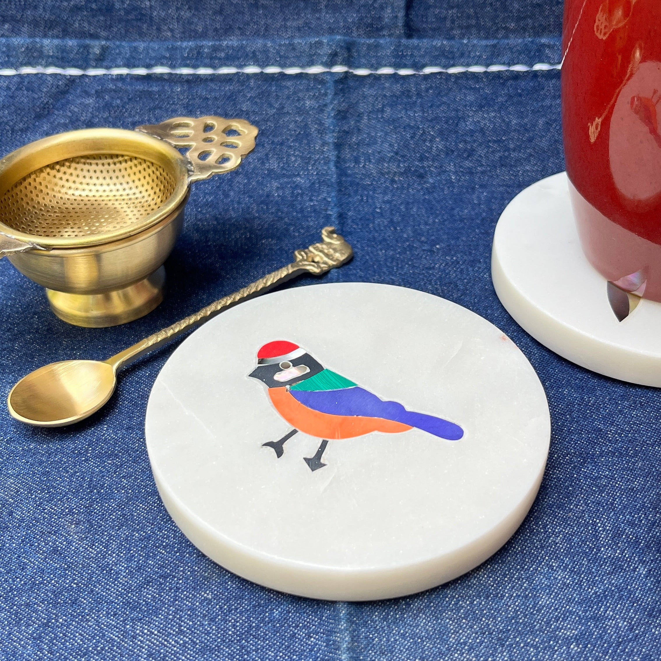Ambi Marble Bird Art Coasters with Inlay work - Set of 2