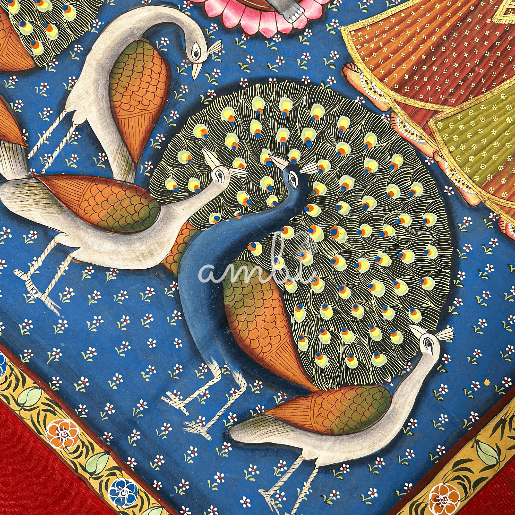 Pichwai Art - Hand Painted Shreenathji, Gopis and Peacocks Painting
