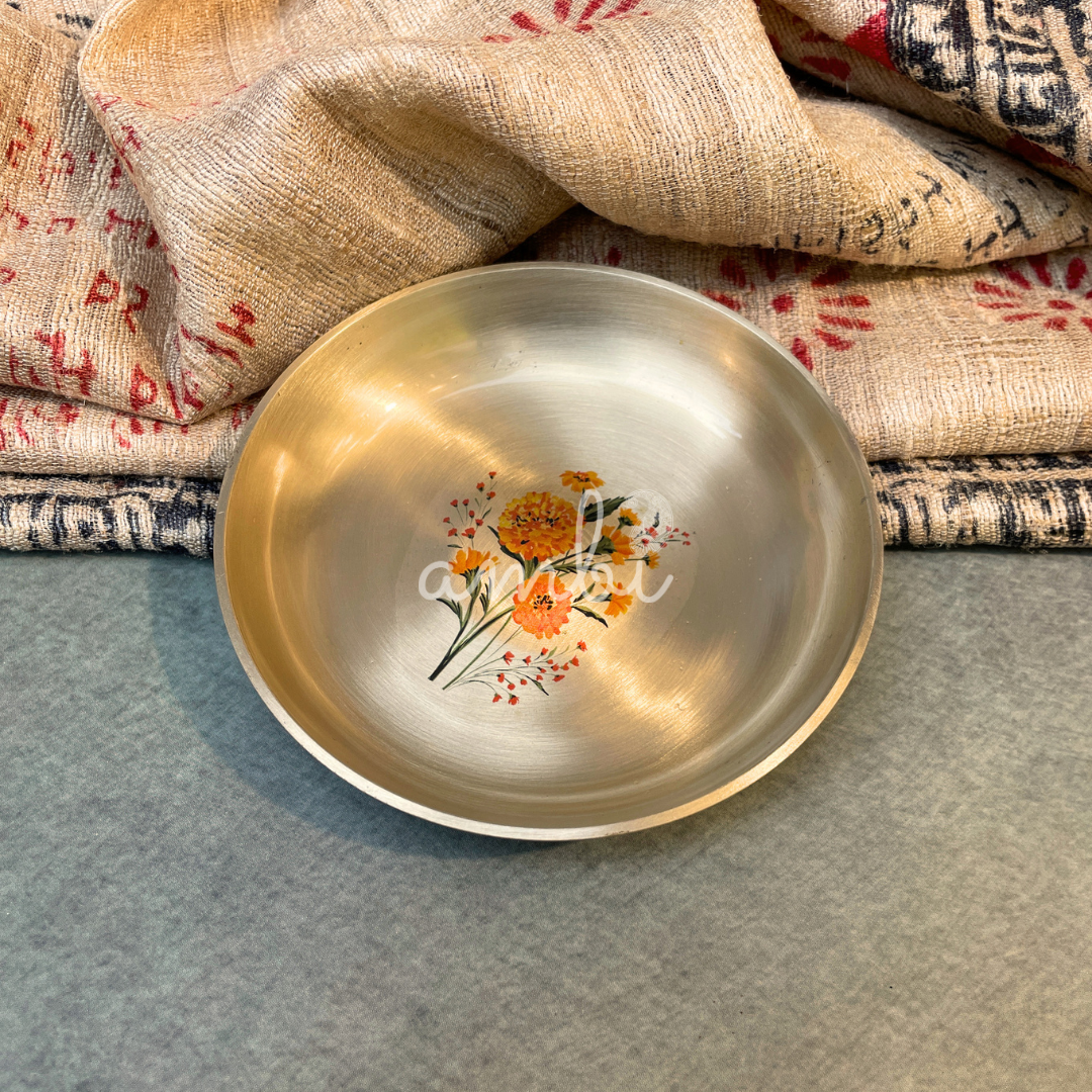 Ambi Pure Kansa Marigold Hand Painted Plate – 4 Inch | Dessert & Puja Plate