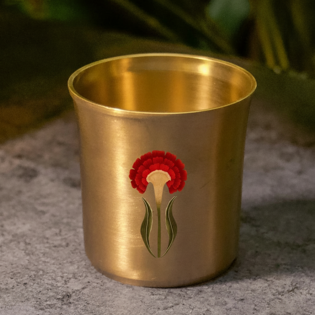 AMBI Pure 100% Lead Free Kansa (Bronze) Floral Hand Painted Finish Water Glass - 275 ML