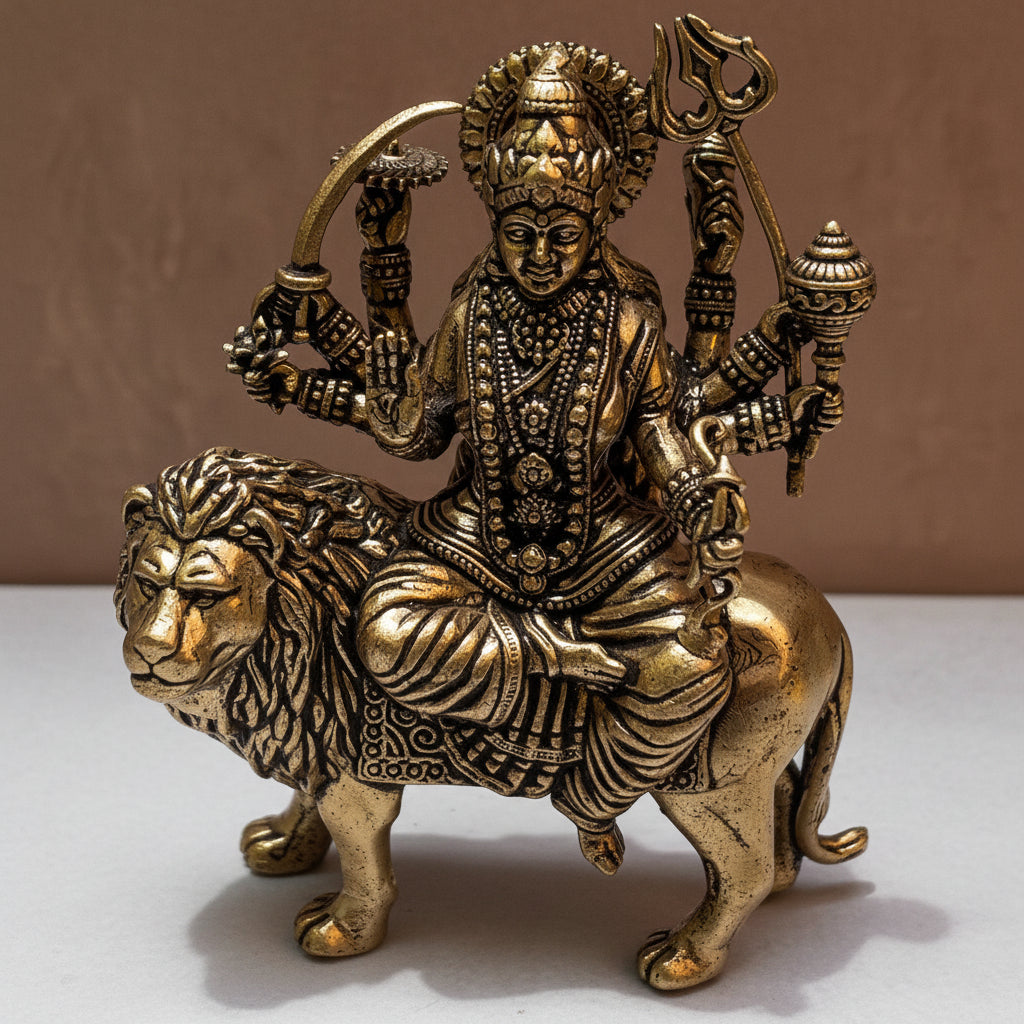 Ambi Pure Brass Simhavahini Durga Idol | Durga Mata on Lion Murti for Home Mandir | 3 Inch - Height