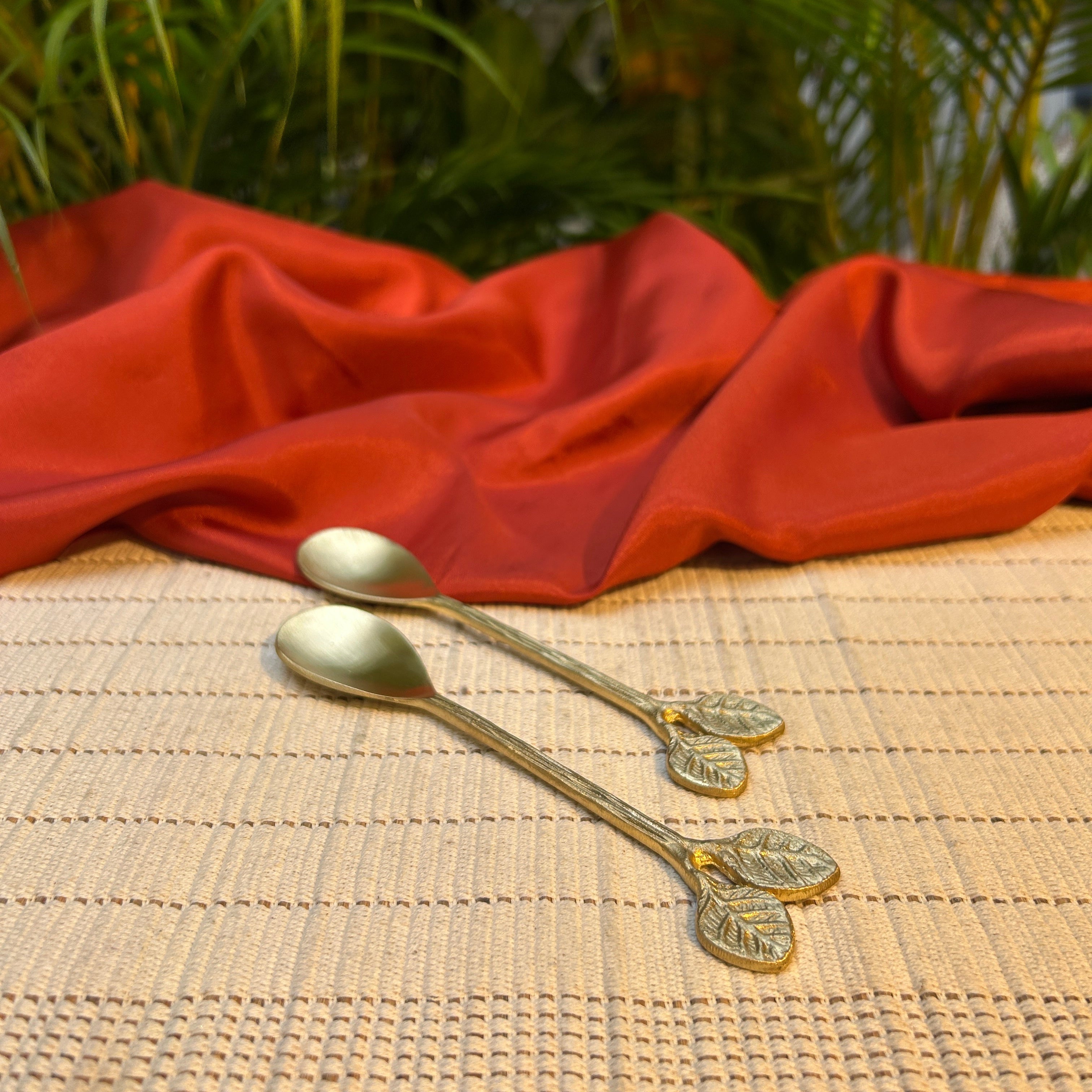 Ambi Rose Leaf Design Pure Brass Spoon | Handcrafted