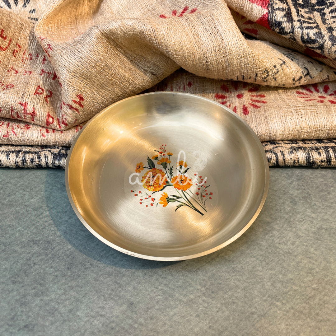 Ambi Pure Kansa Marigold Hand Painted Plate – 4 Inch | Dessert & Puja Plate