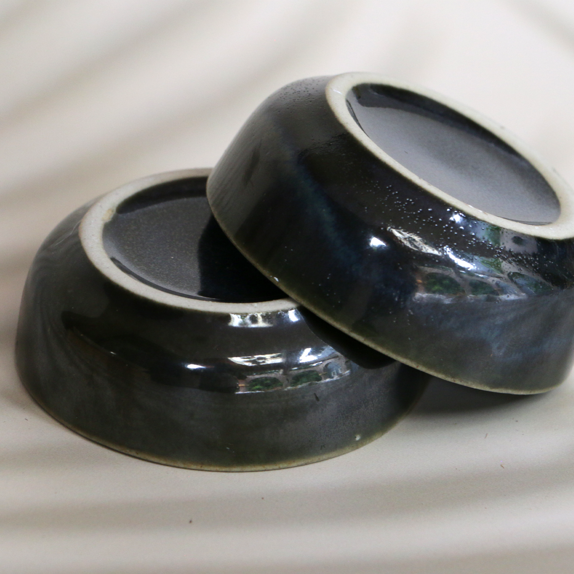 Ambi Handmade Emerald Blue-Green flat Nut Bowl Small Set of 2