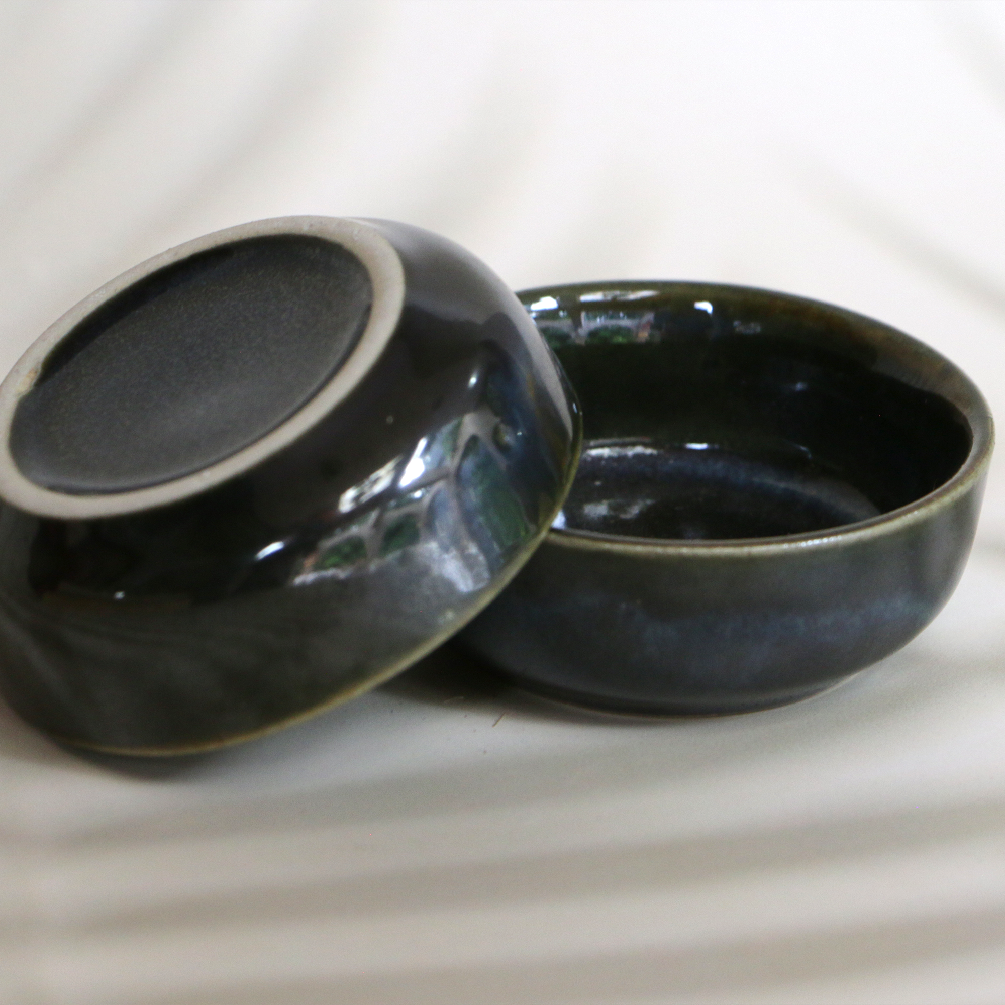 Ambi Handmade Emerald Blue-Green flat Nut Bowl Small Set of 2