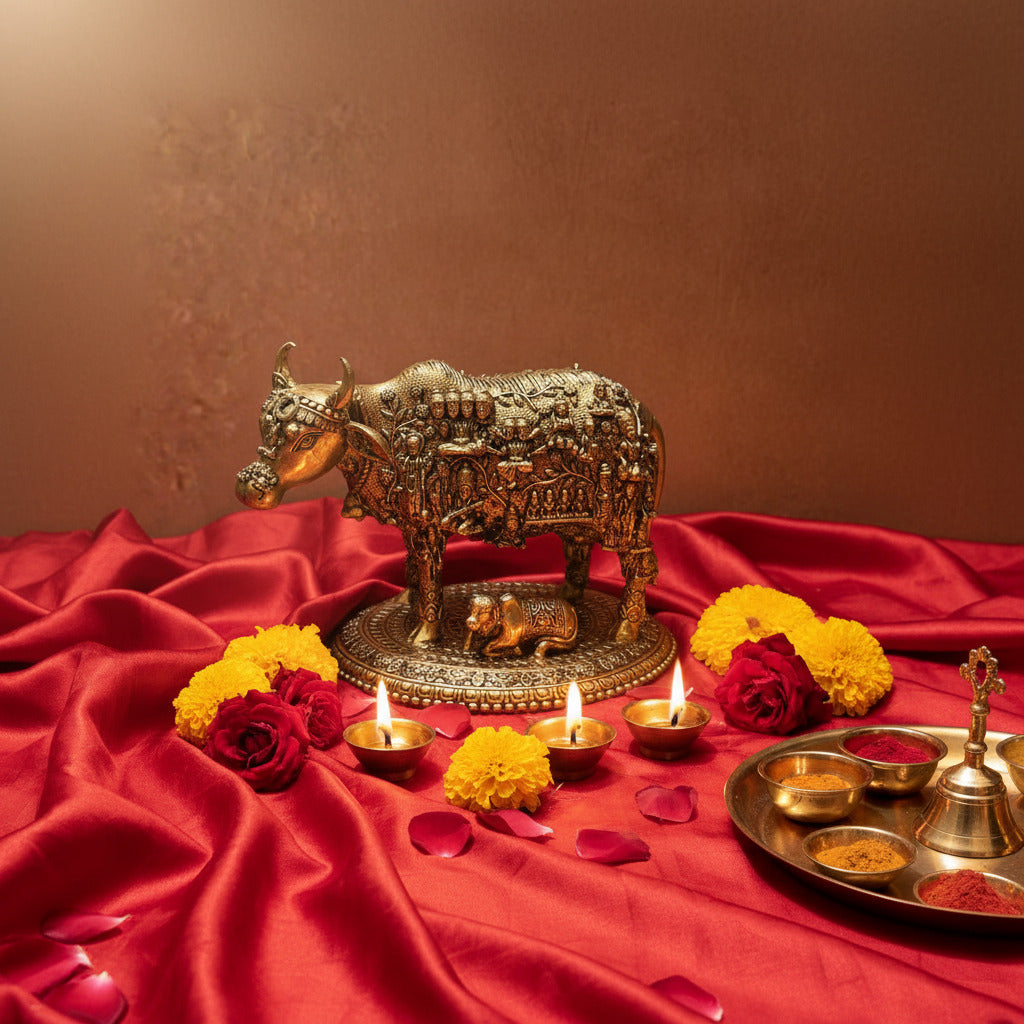 Ambi Pure Brass Kamadhenu Cow and Calf Idol with 33 Koti Deities for Home Mandir