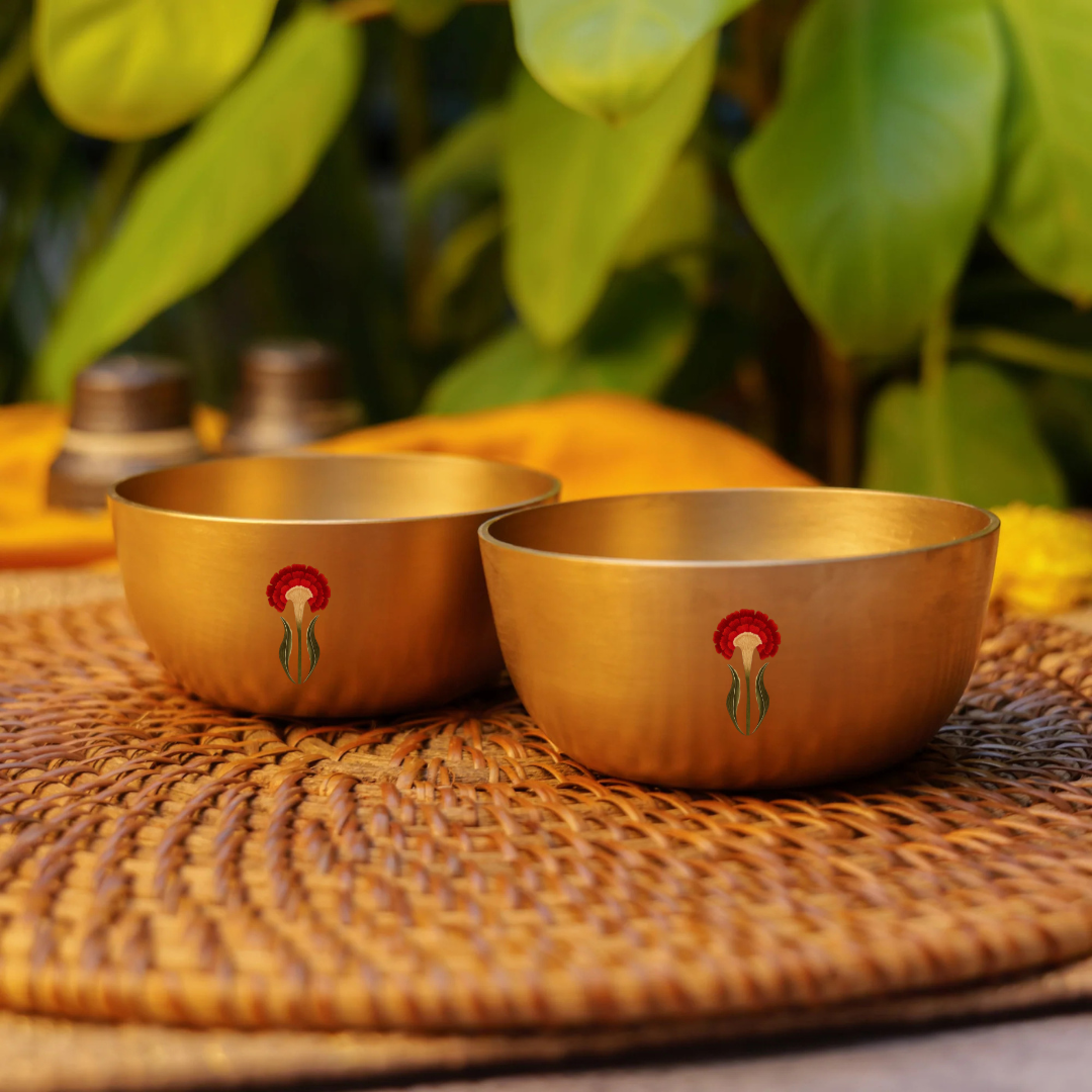 AMBI Pure 100% Lead Free Kansa Floral Hand Painted Finish Small Katori / Bowl - 3.5 inches (120 Gms)