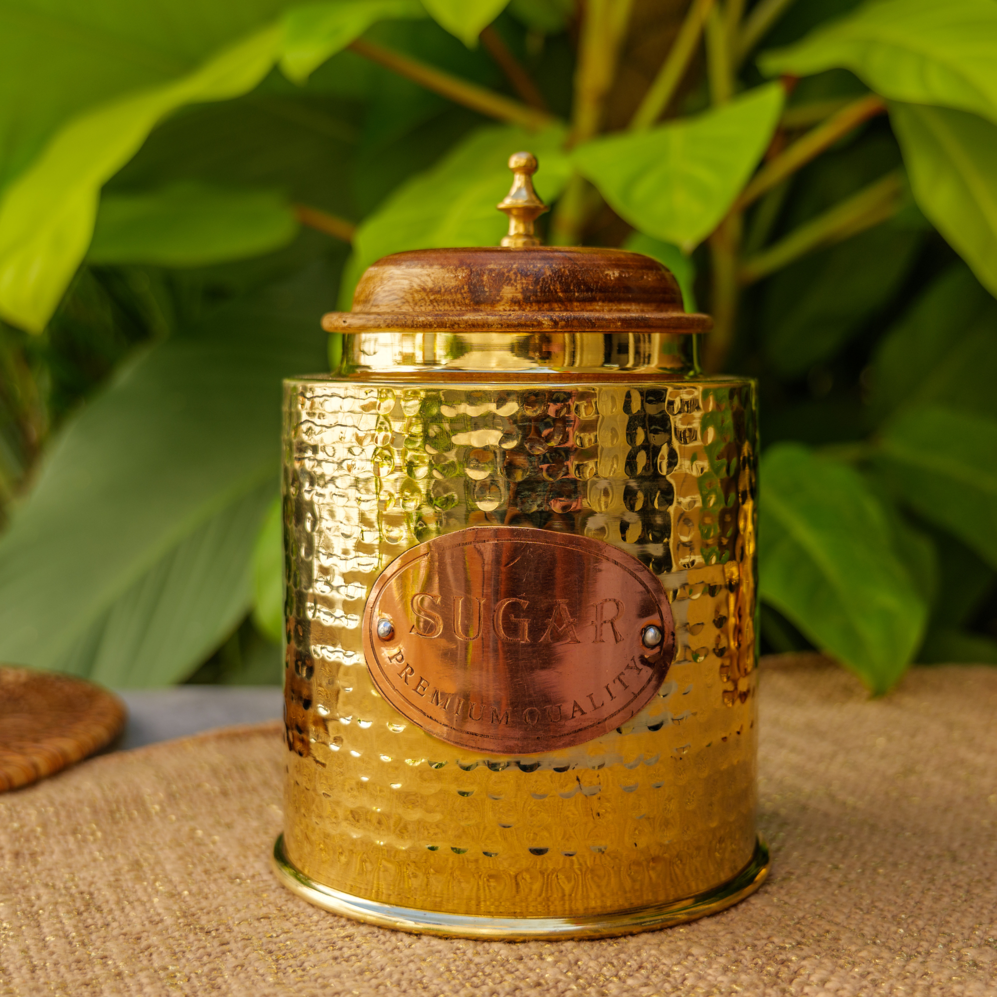 Sugar Jar - Pure Brass Hammered Storage Container - Large - Wood Lid