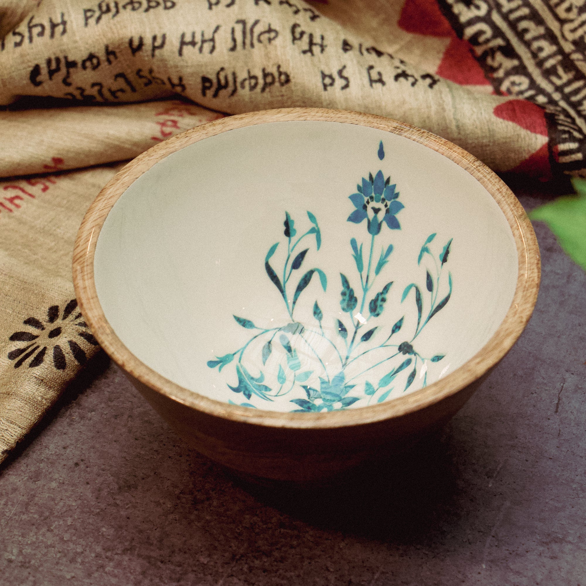 Handmade Floral Blue Wooden Bowl