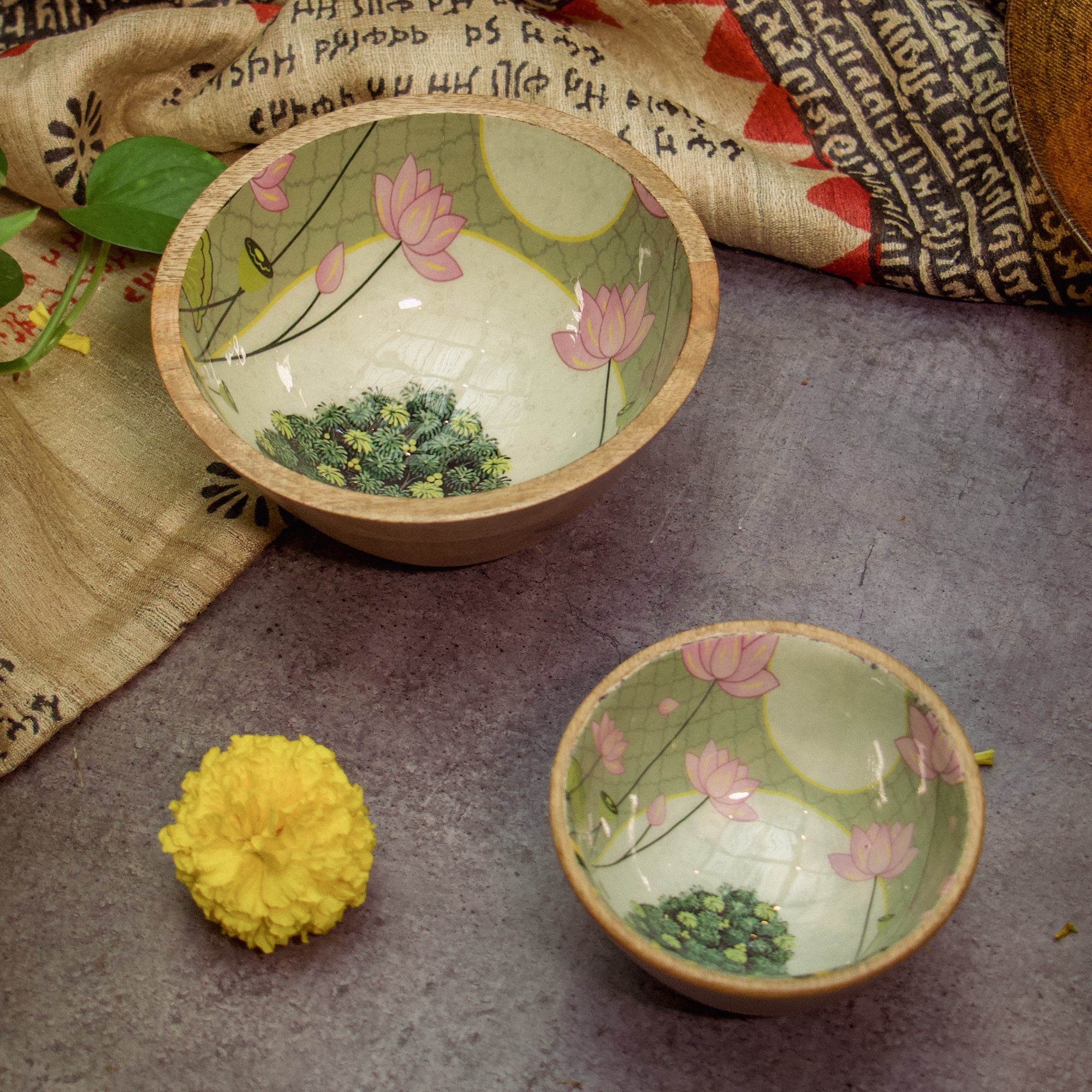 Floral Handmade Wooden Bowl 2-Piece Set