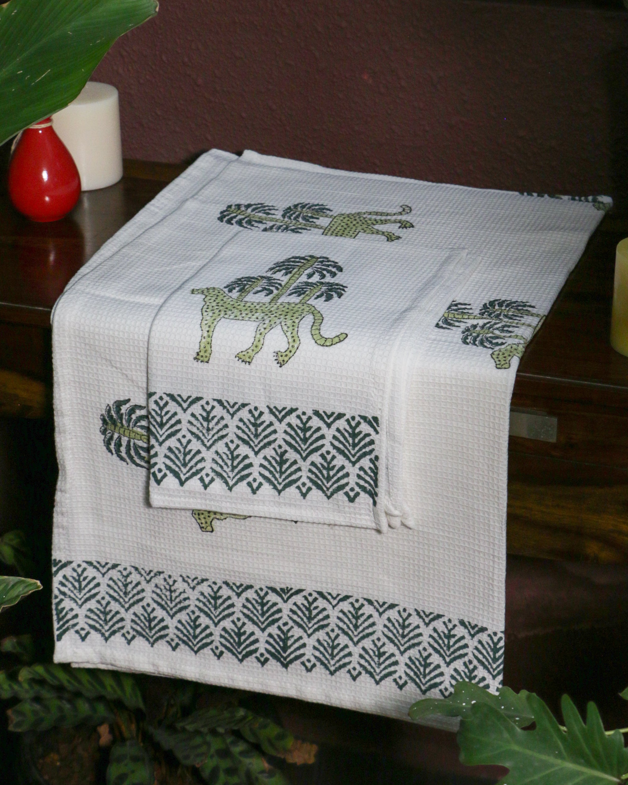 Hand Block Printed Waffle Cotton Towel Set (1 Bath+2 Hand Towels) - Cheetah