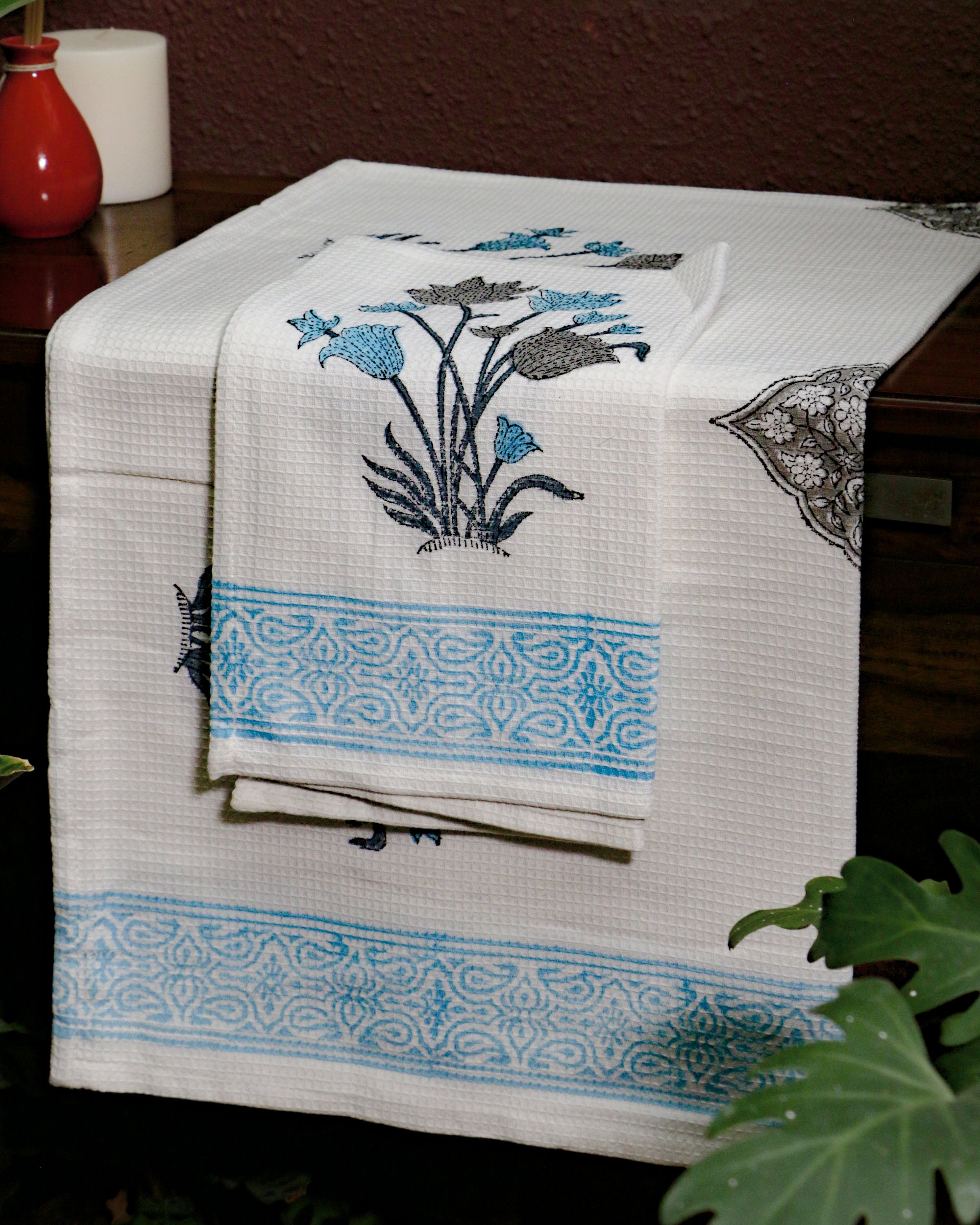 Hand Block Printed Blue Floral Waffle Cotton Towel Set (1 Bath+2 Hand Towels)