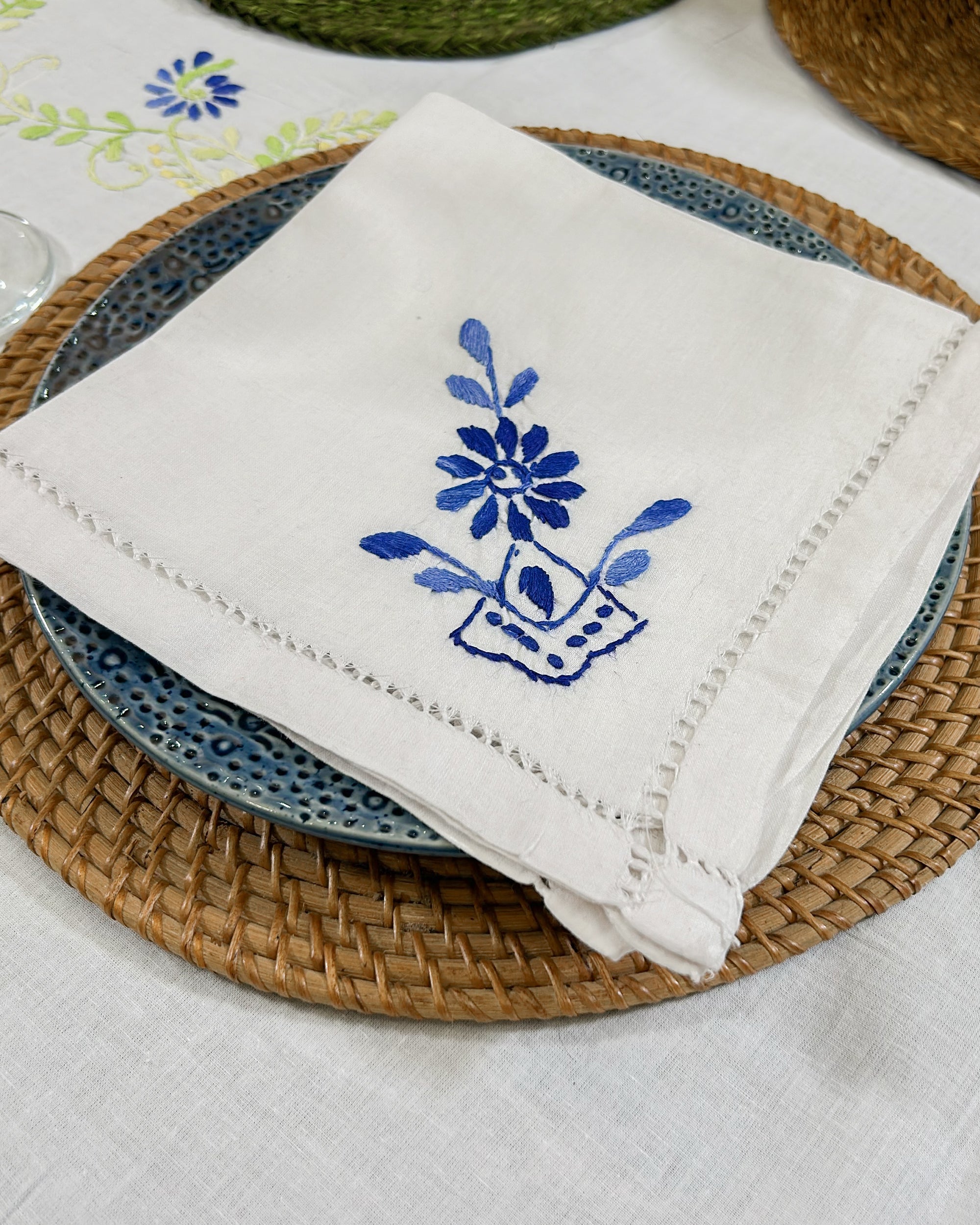 Hand Embroidered Linen Napkins -  Set of 6 - Blue