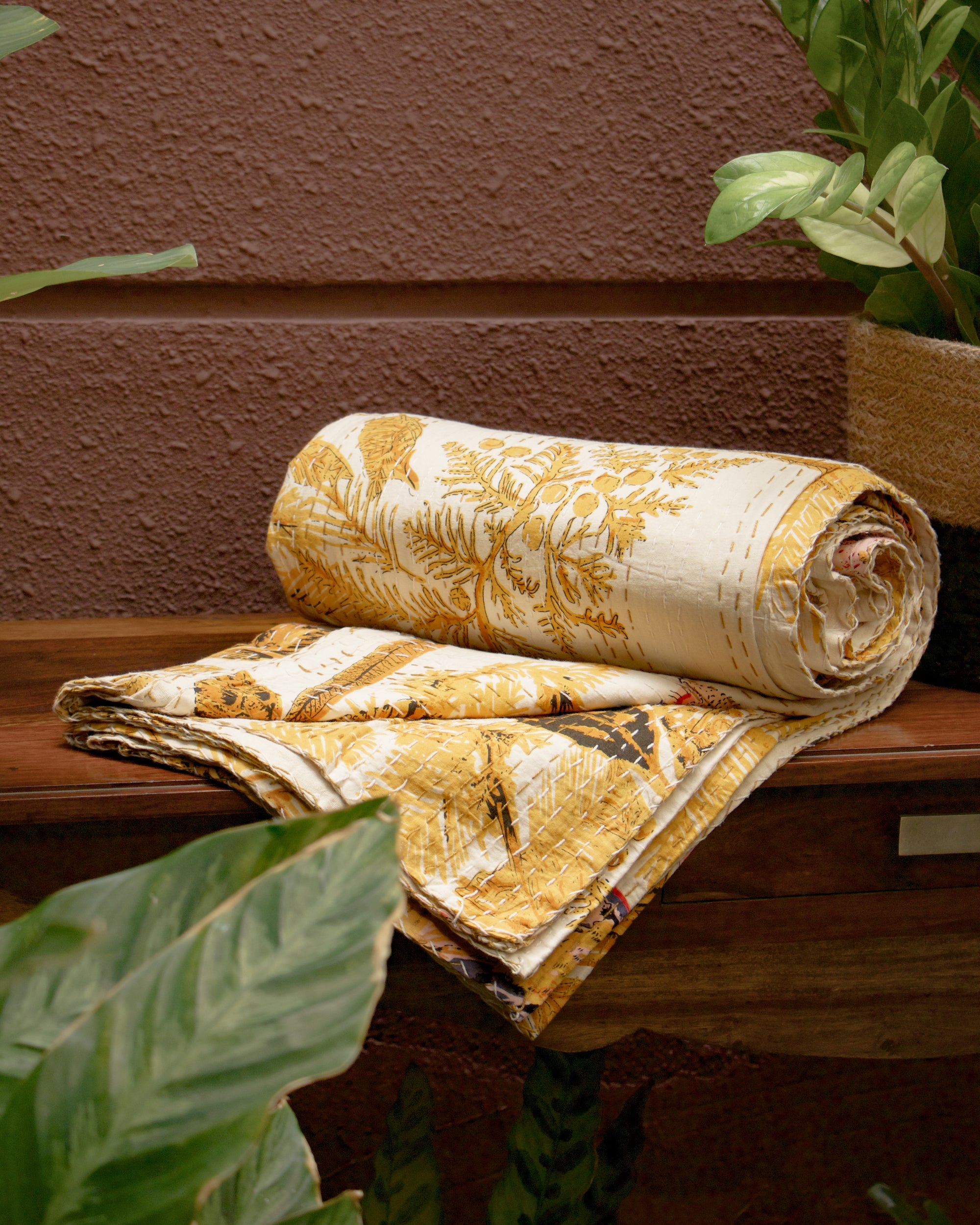 Jaipuri Kantha Bedcover - Yellow - (Double) - 90X108 Inches