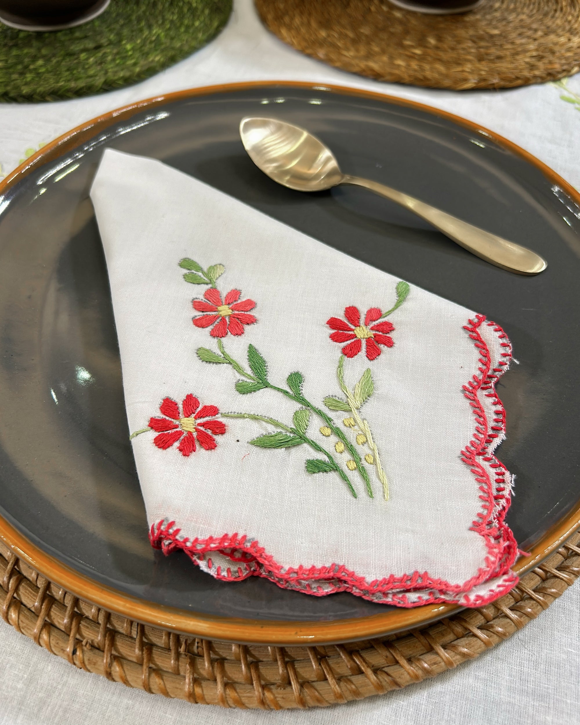 Hand Embroidered Linen Napkins Red Floral - Set of 6 Red