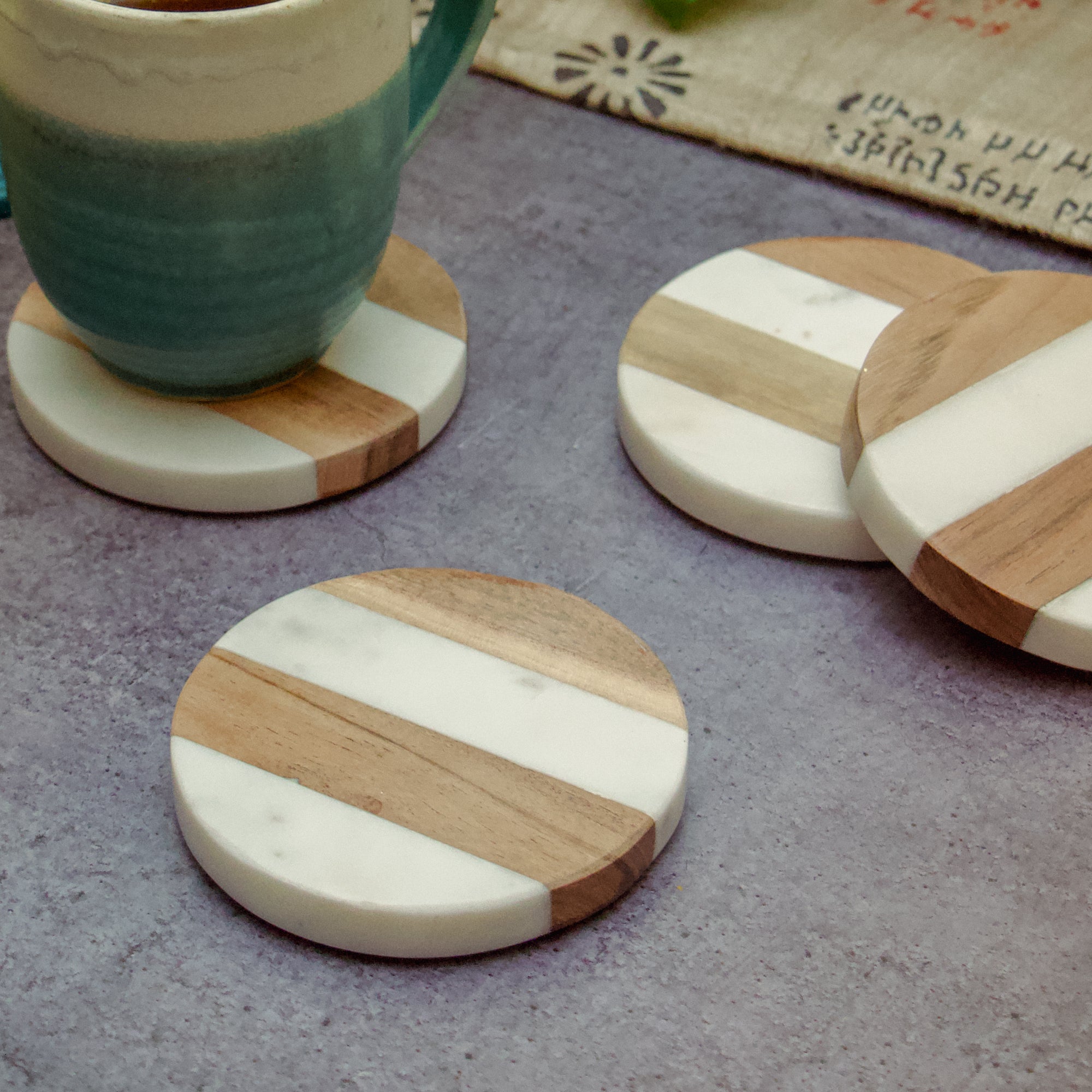 Original Makrana Marble Wood Inlay Coasters - Set of 4