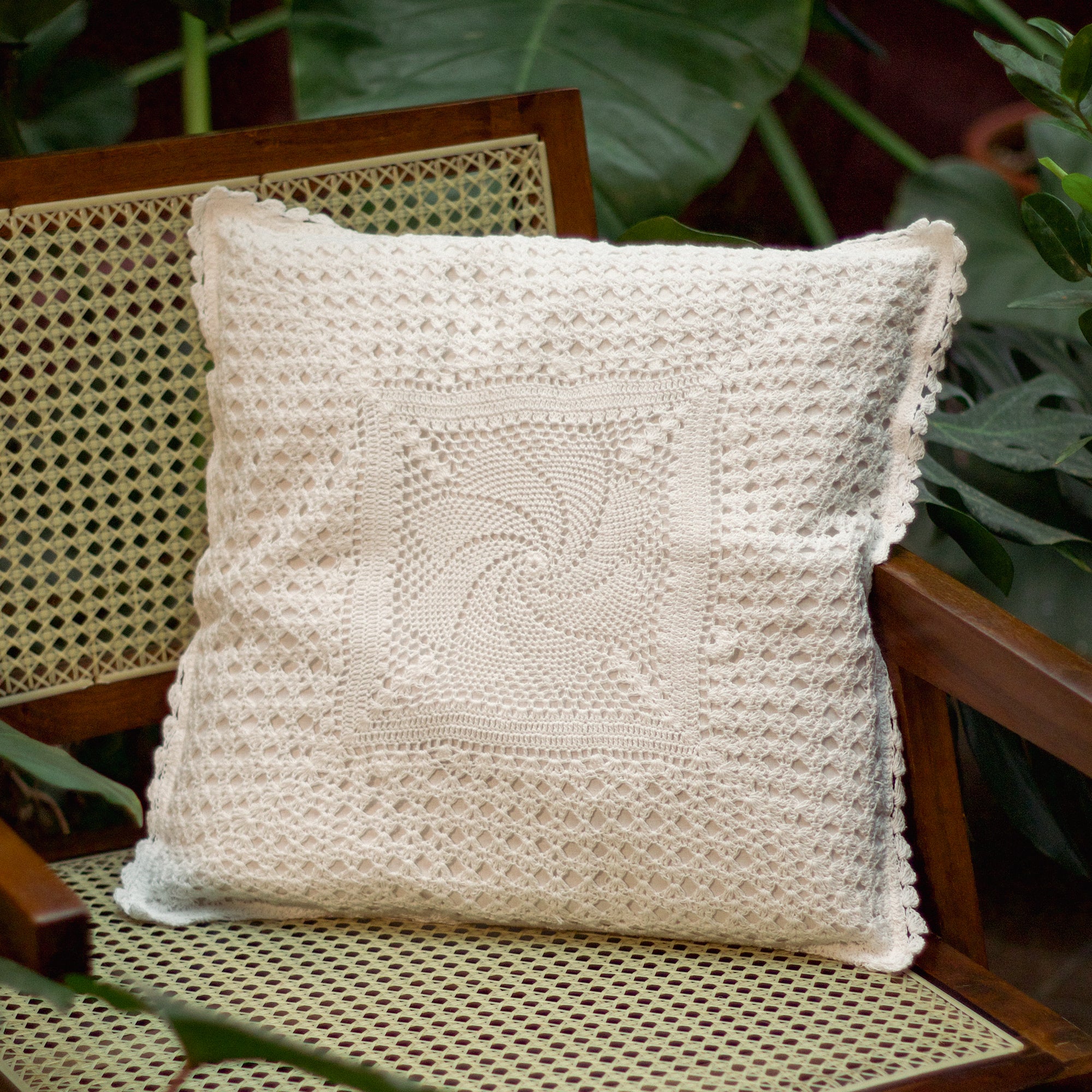 Hand-Embroidered Swirl Pattern Crochet Cushion Cover - 16 X 16 inches - Set of 2