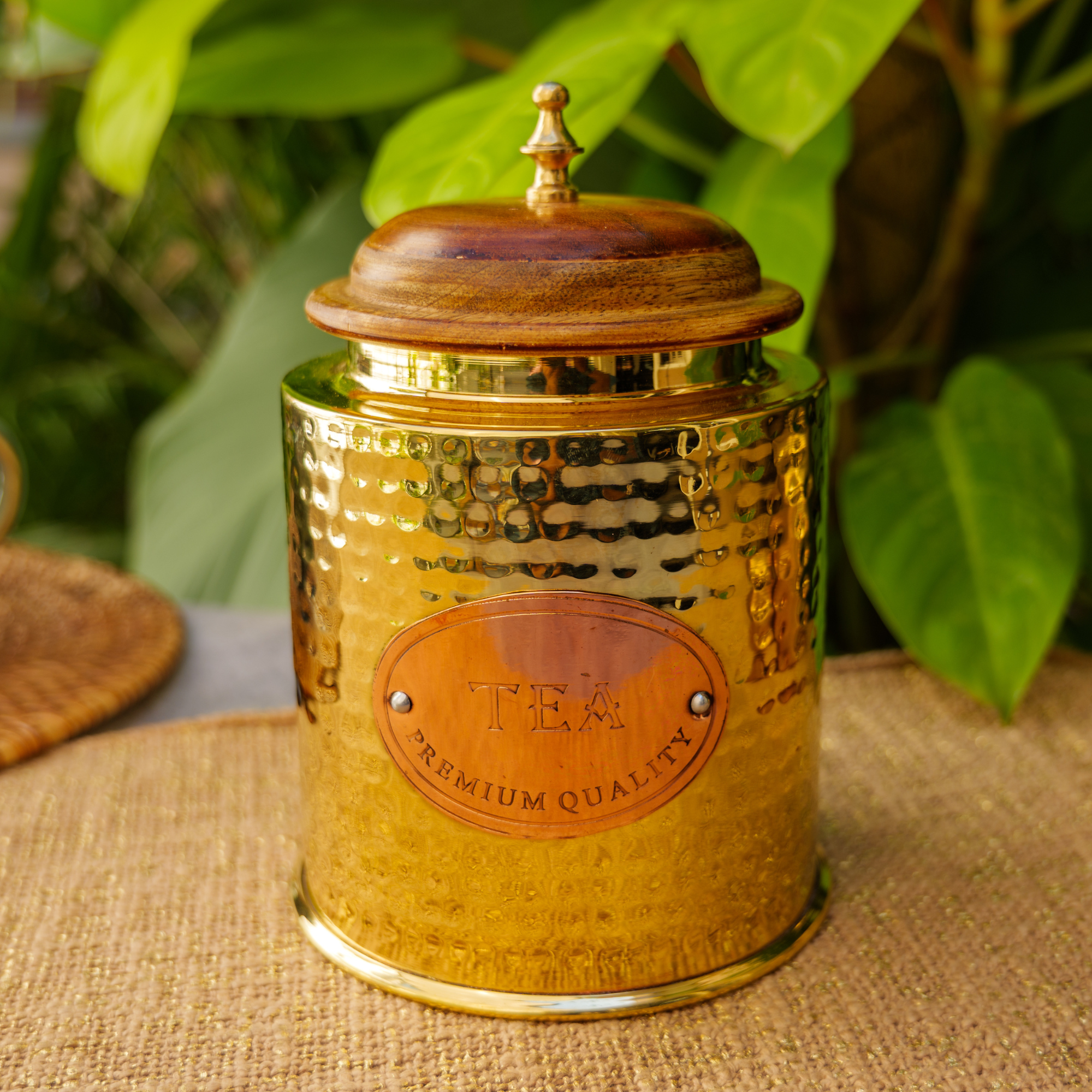 Tea Jar - Pure Brass Hammered Jar Storage Container - Large - Wood Lid