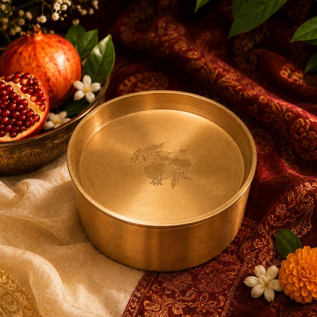 Ambi Heritage Lead Free Kansa Almond Box With Pomegranate Hand Etched Design— A Wellness Heirloom (Tiffin Box)