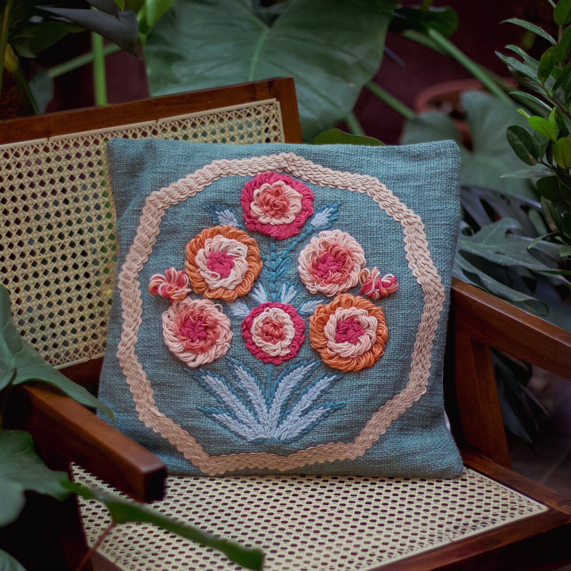 Hand-Embroidered Flower Pack Cushion Cover - 16 X 16 Inches - Set of 2