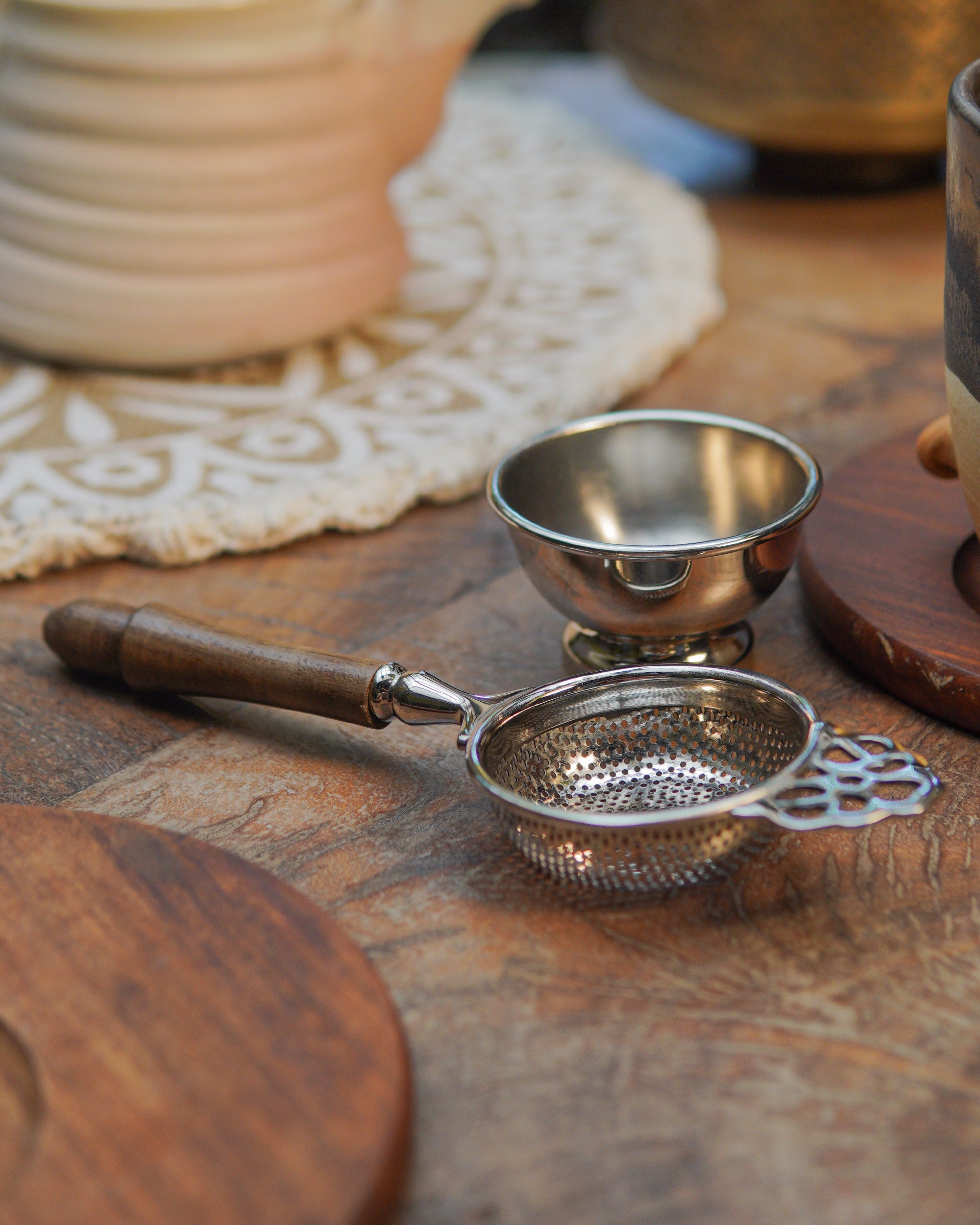 Matte Finish Brass Medium Sized Tea Strainer Silver 2 Piece Set With Wooden Holder